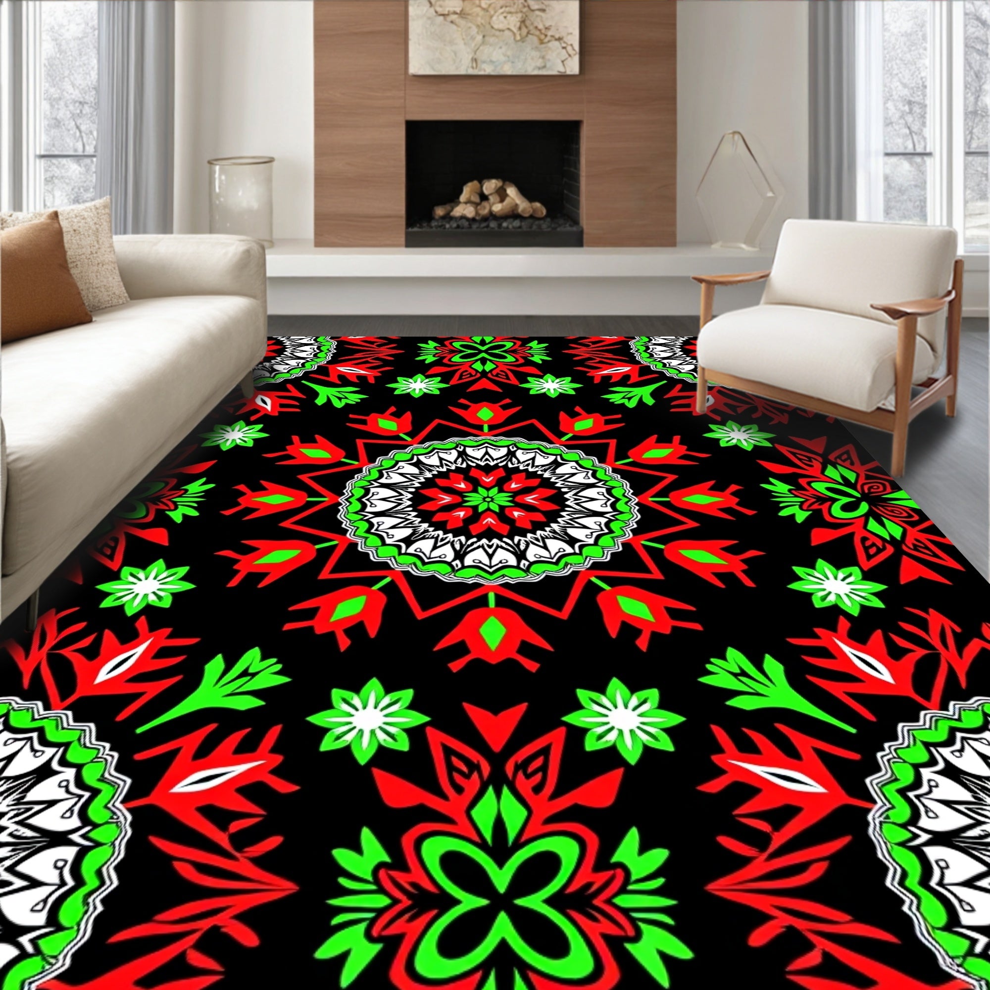 Bold Red Green Floral Medallion Rug