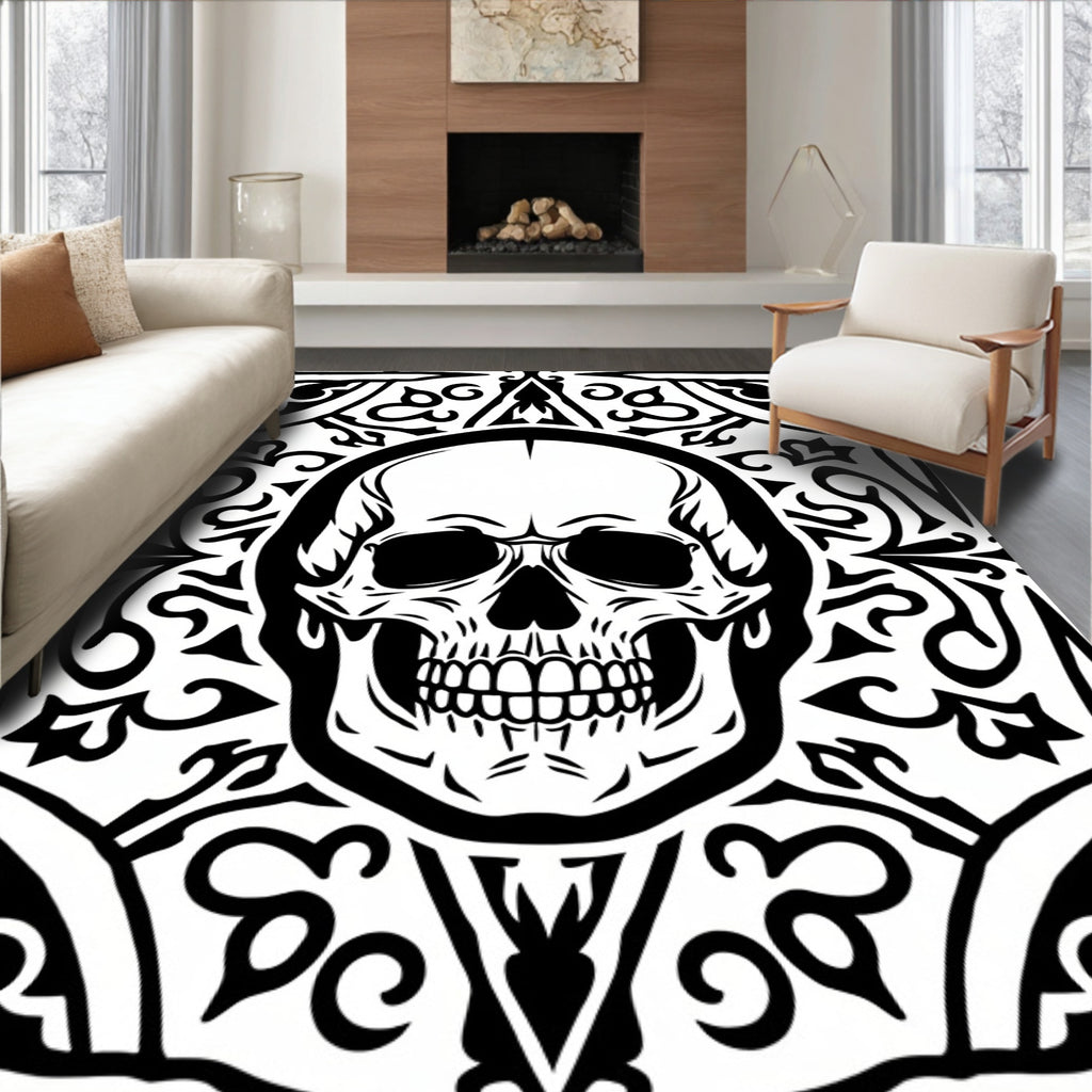 Monochromatic Skull Ornamental Border Rug