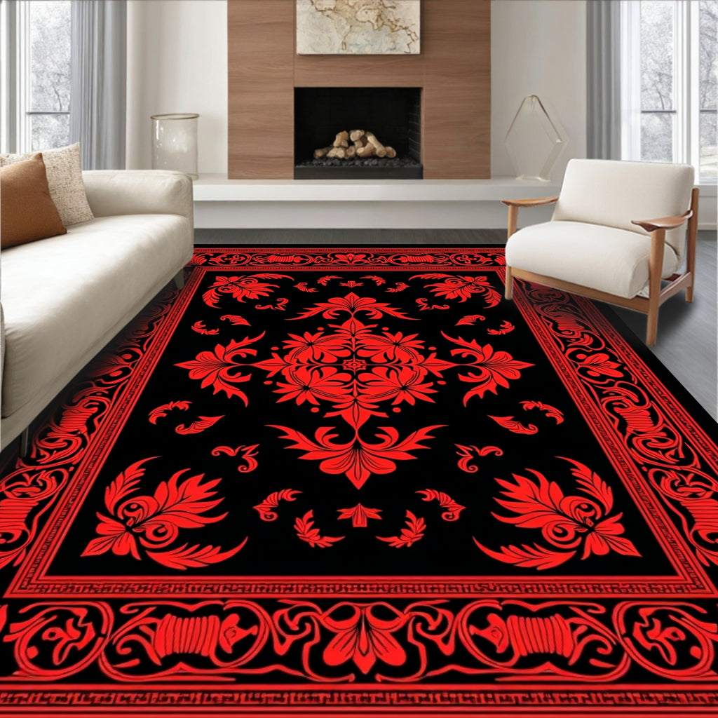 Crimson Floral Medallion Black Rug