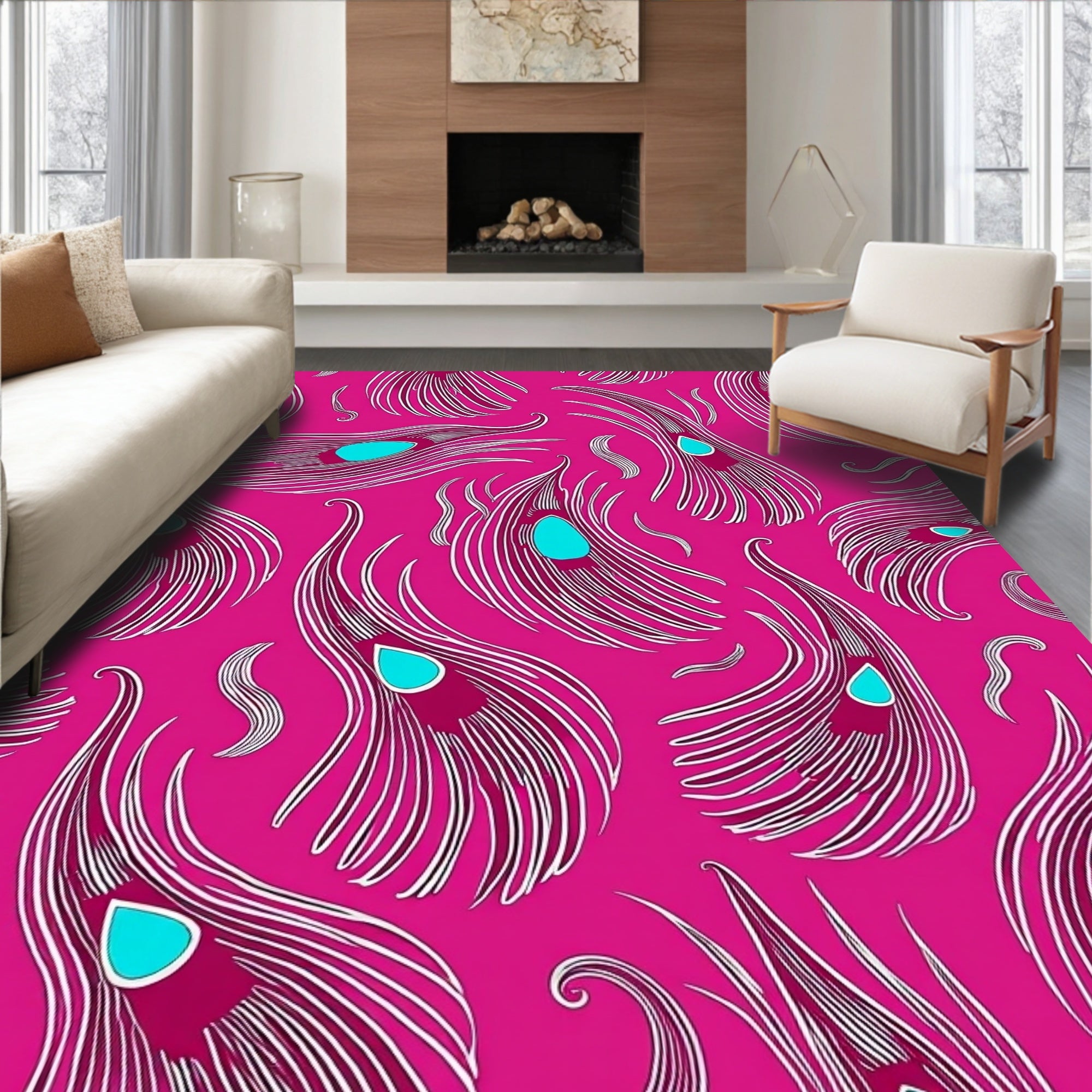 Vibrant Fuchsia Peacock Feather Collection Rug