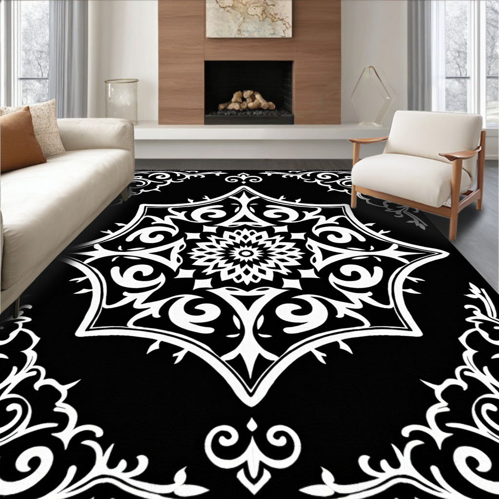 Classic Black White Floral Mandala Rug