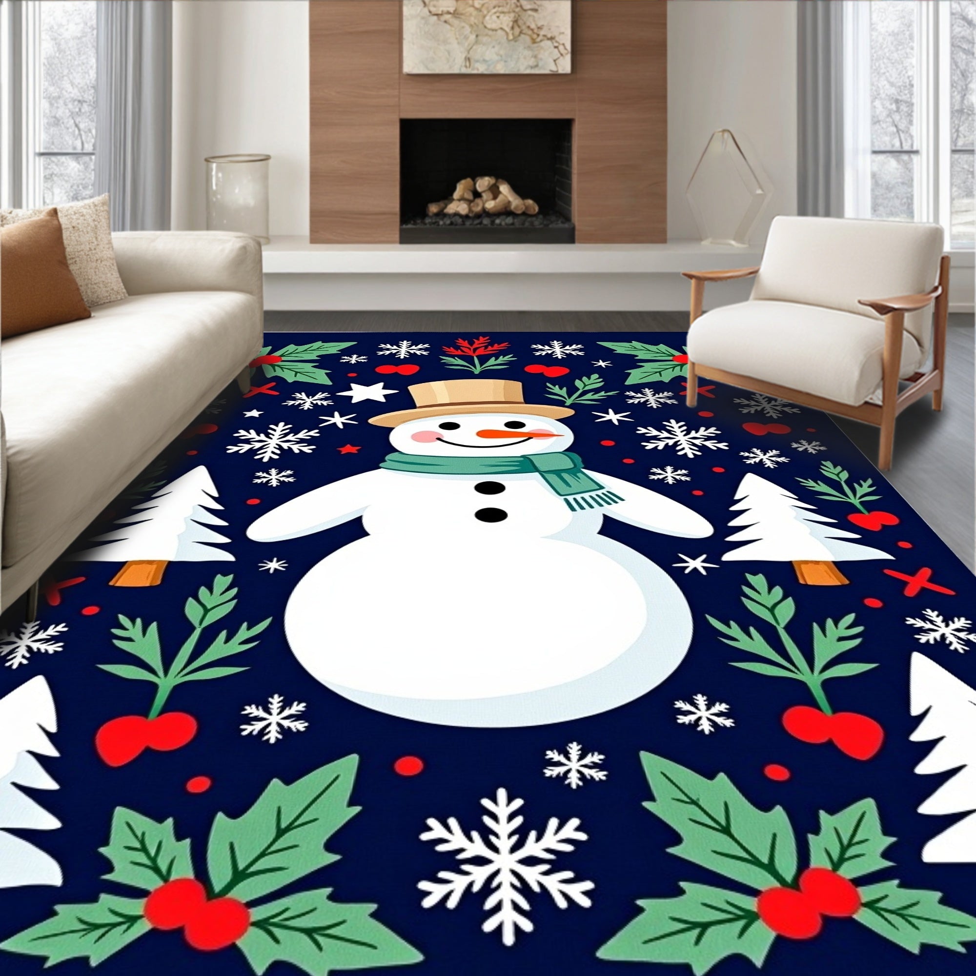Happy Snowman Festive Holly Snowflakes Rug