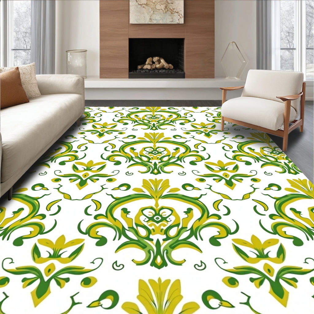 Green Yellow Floral Damask Rug