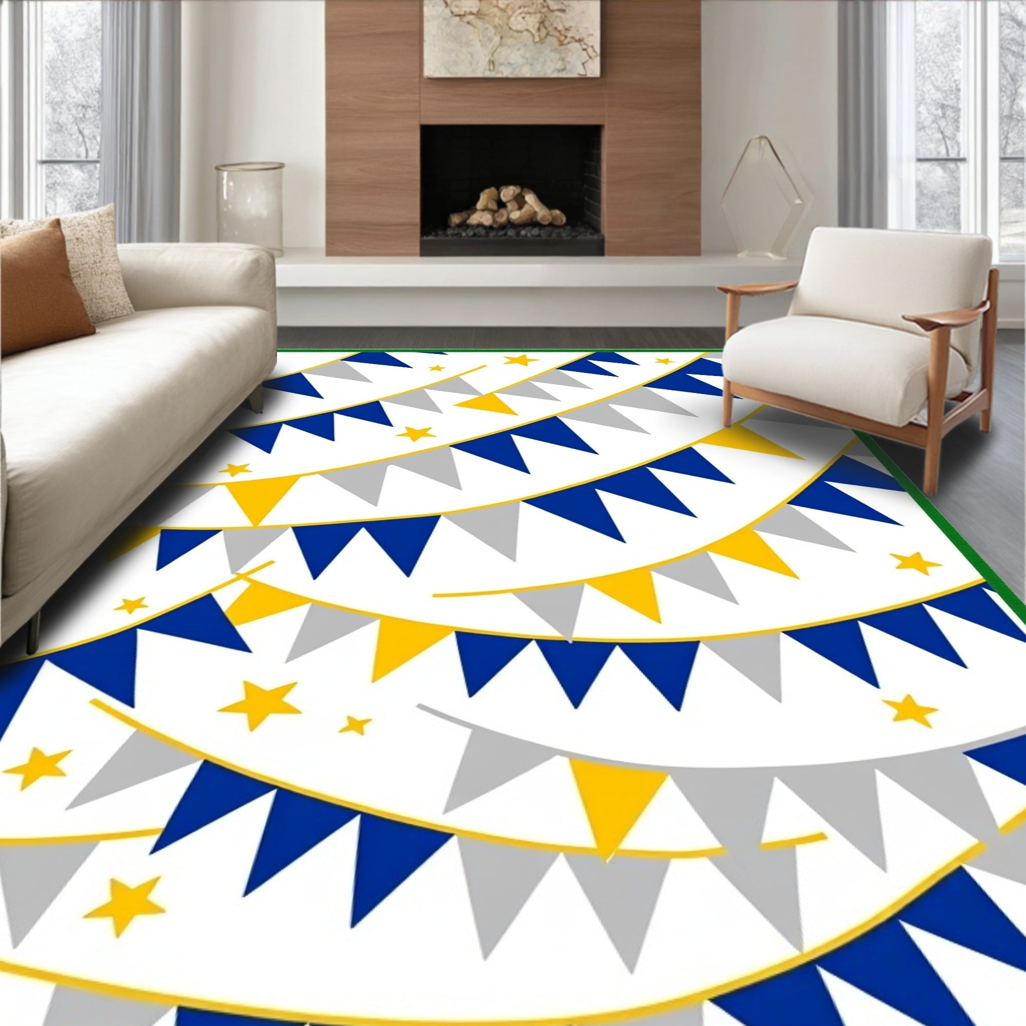 Yellow Blue Gray Bunting Stars Rug