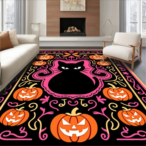 Black Cat Orange Pumpkin Halloween Border Rug