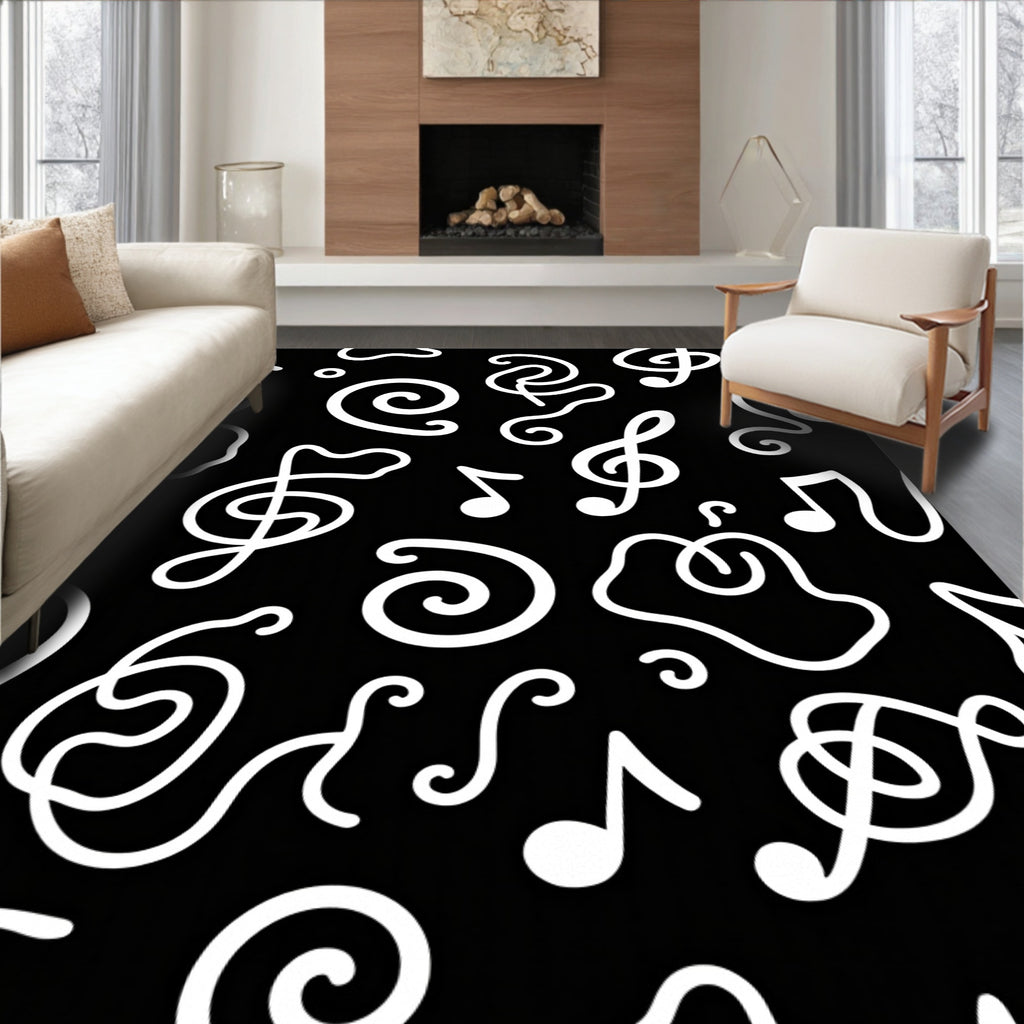 Black White Musical Notes Swirl Rug