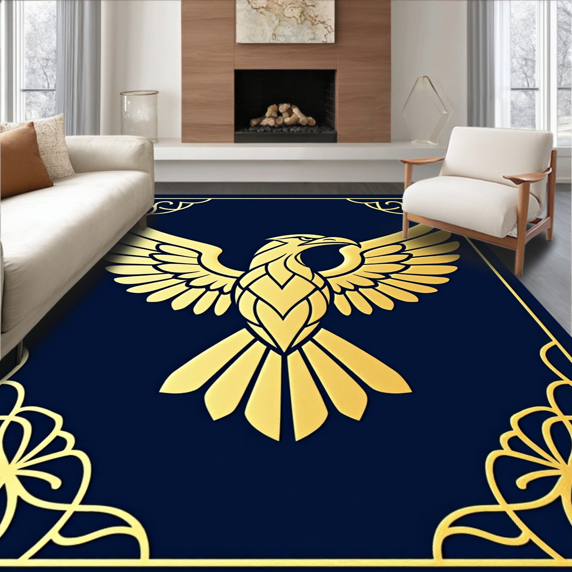 Golden Eagle Medallion on Navy Rug