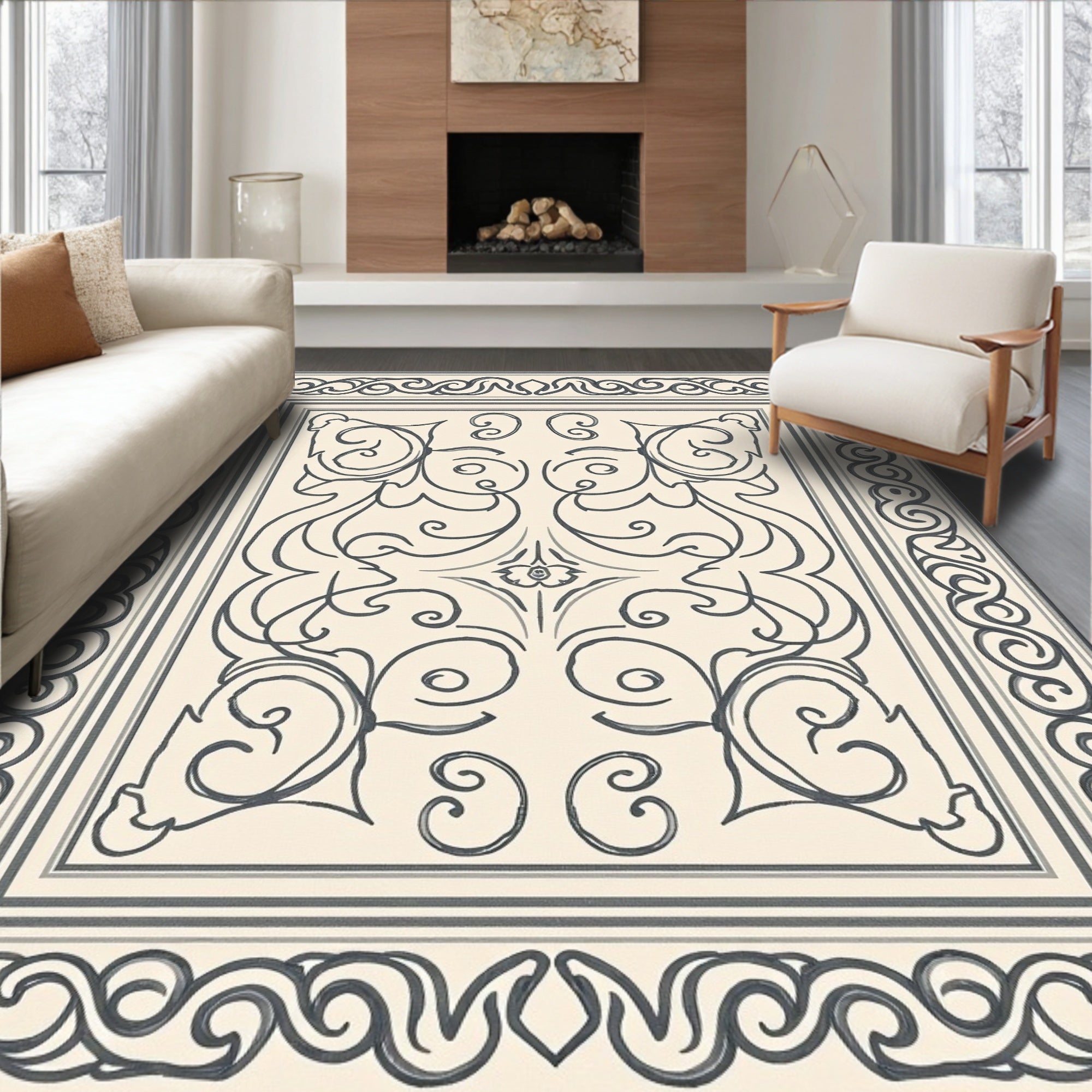 Cream Scrollwork Floral Accent Rug