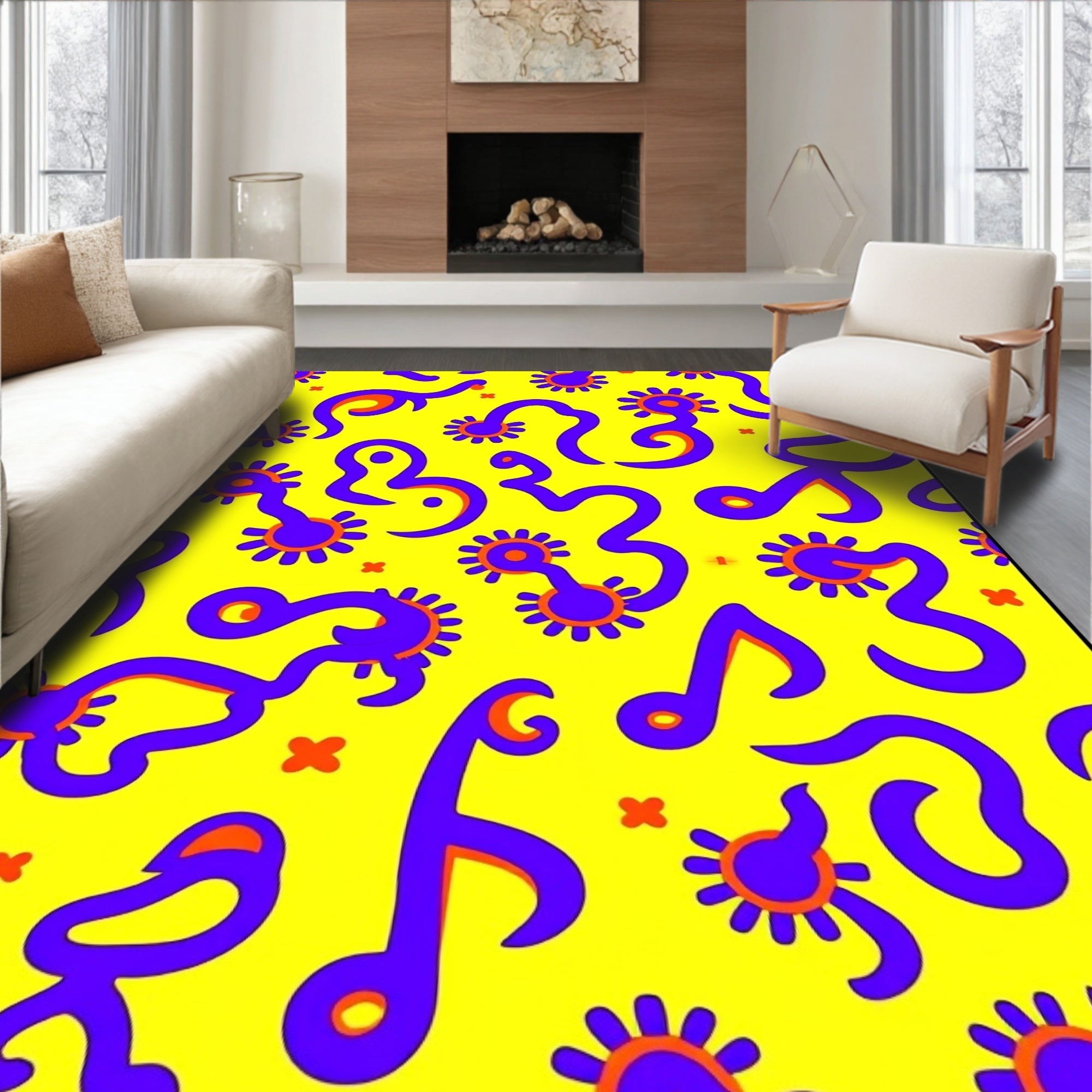 Vibrant Yellow Purple Abstract Creatures Rug