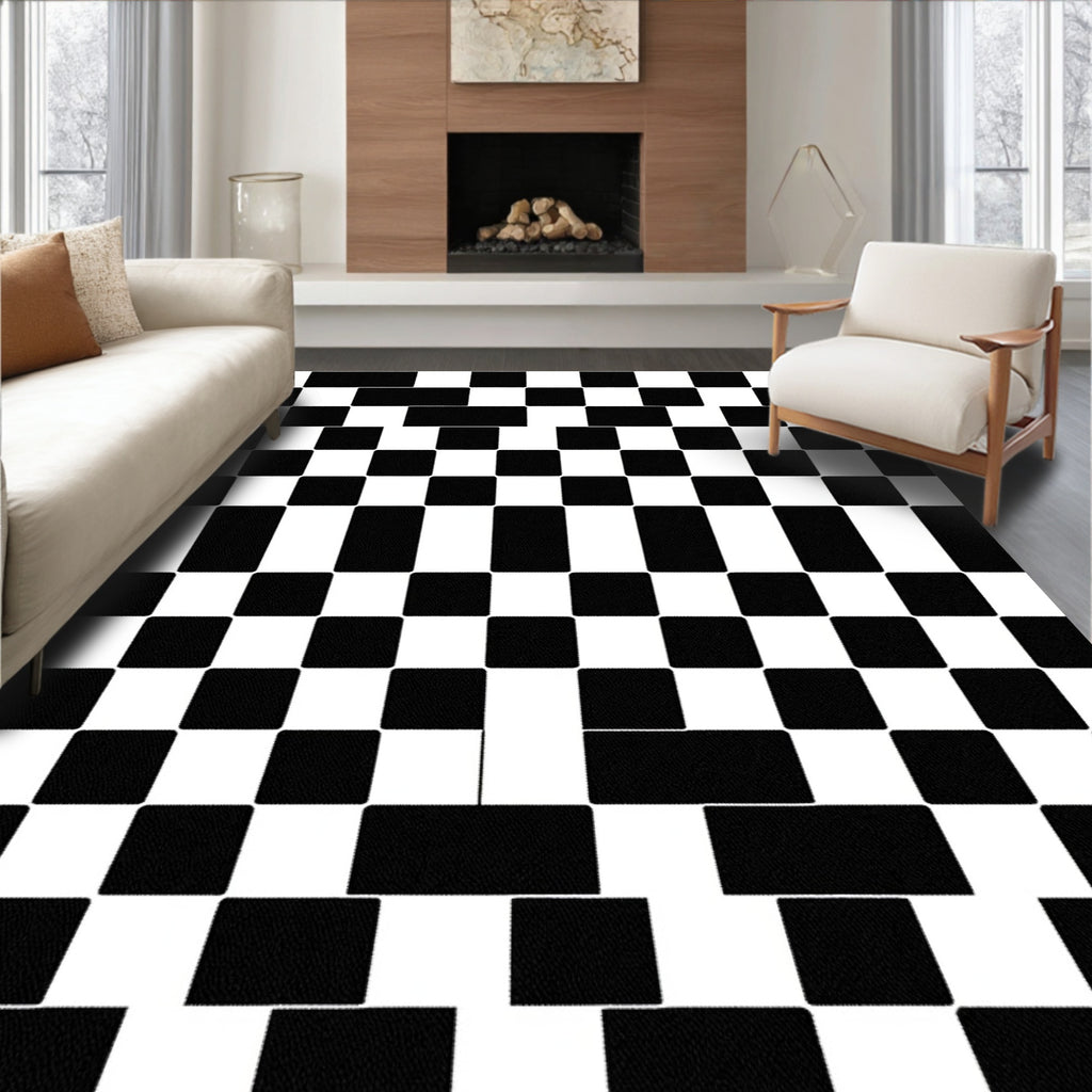Monochrome Checkerboard Rectangular Grid Rug