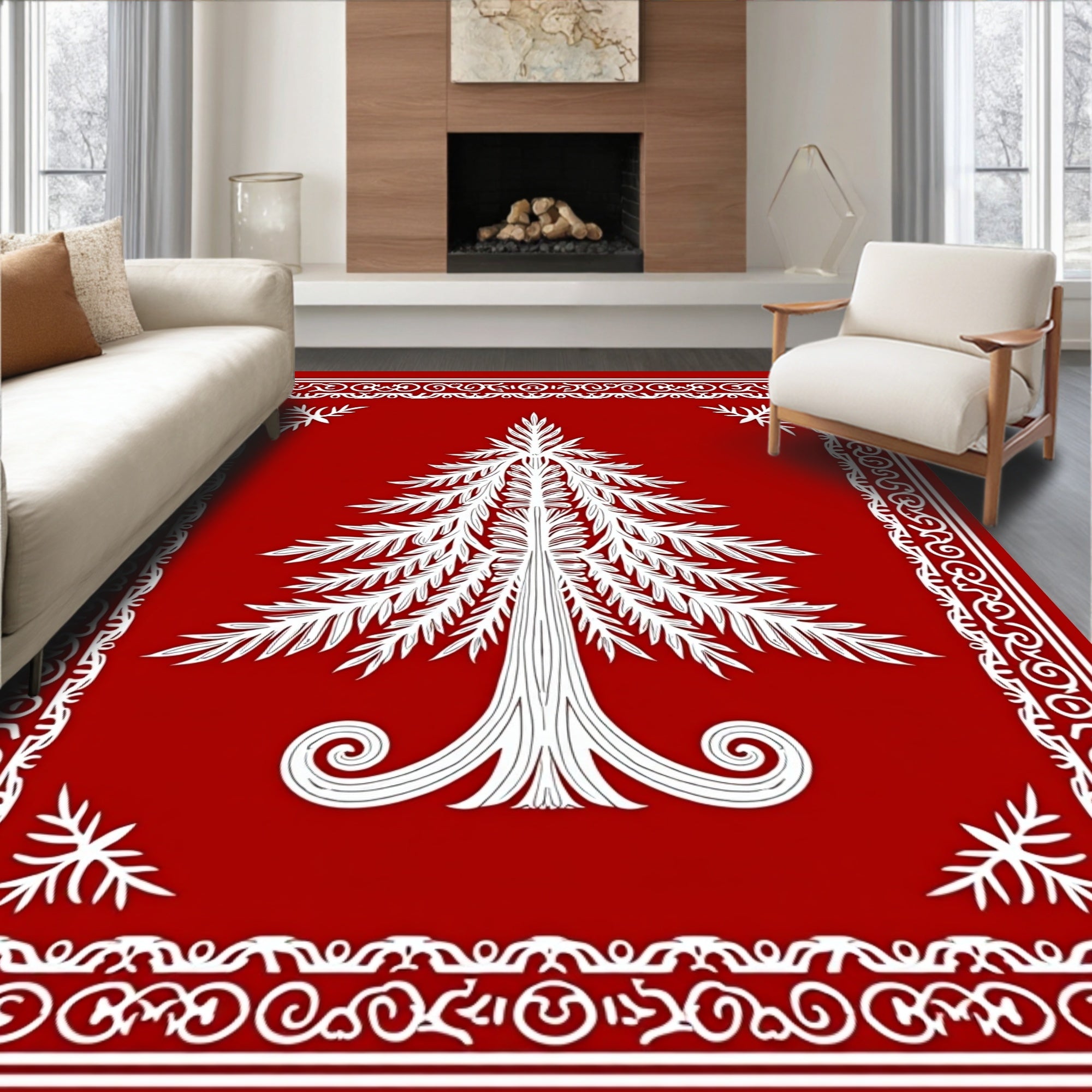 Crimson White Pine Tree Bordered Rug