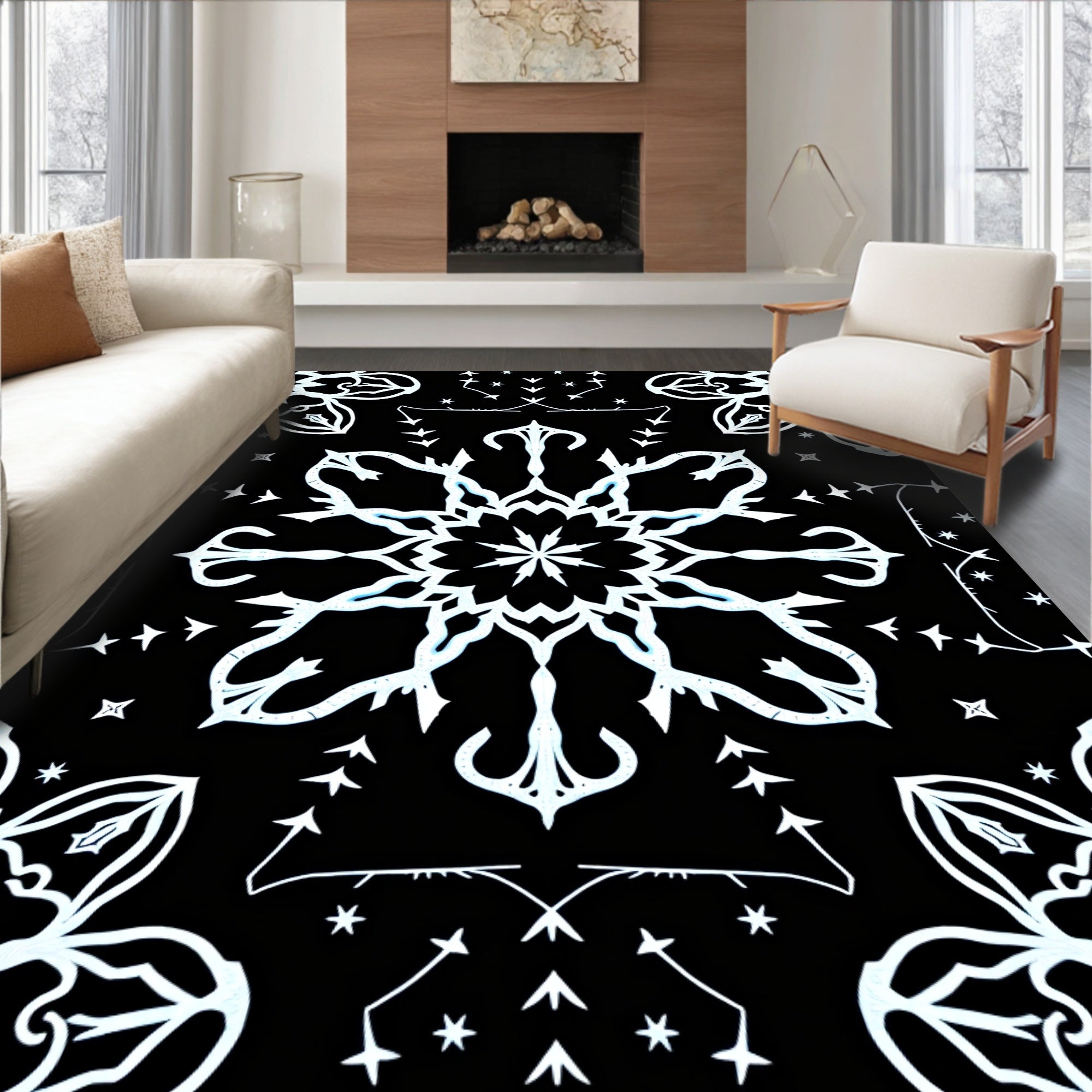 White Starburst Mandala Black Harmony Rug