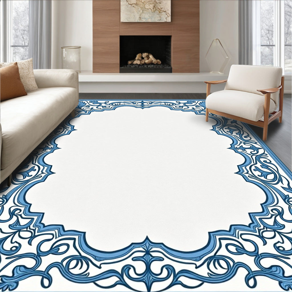 Ornate Blue Leaf Scroll Frame Rug