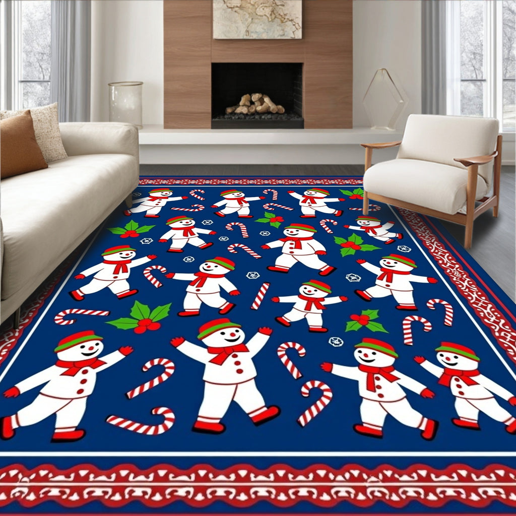 Happy Snowman Candy Cane Holly Border Rug
