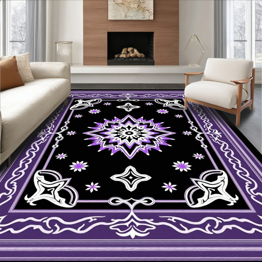 Purple Black Starburst Medallion Border Rug