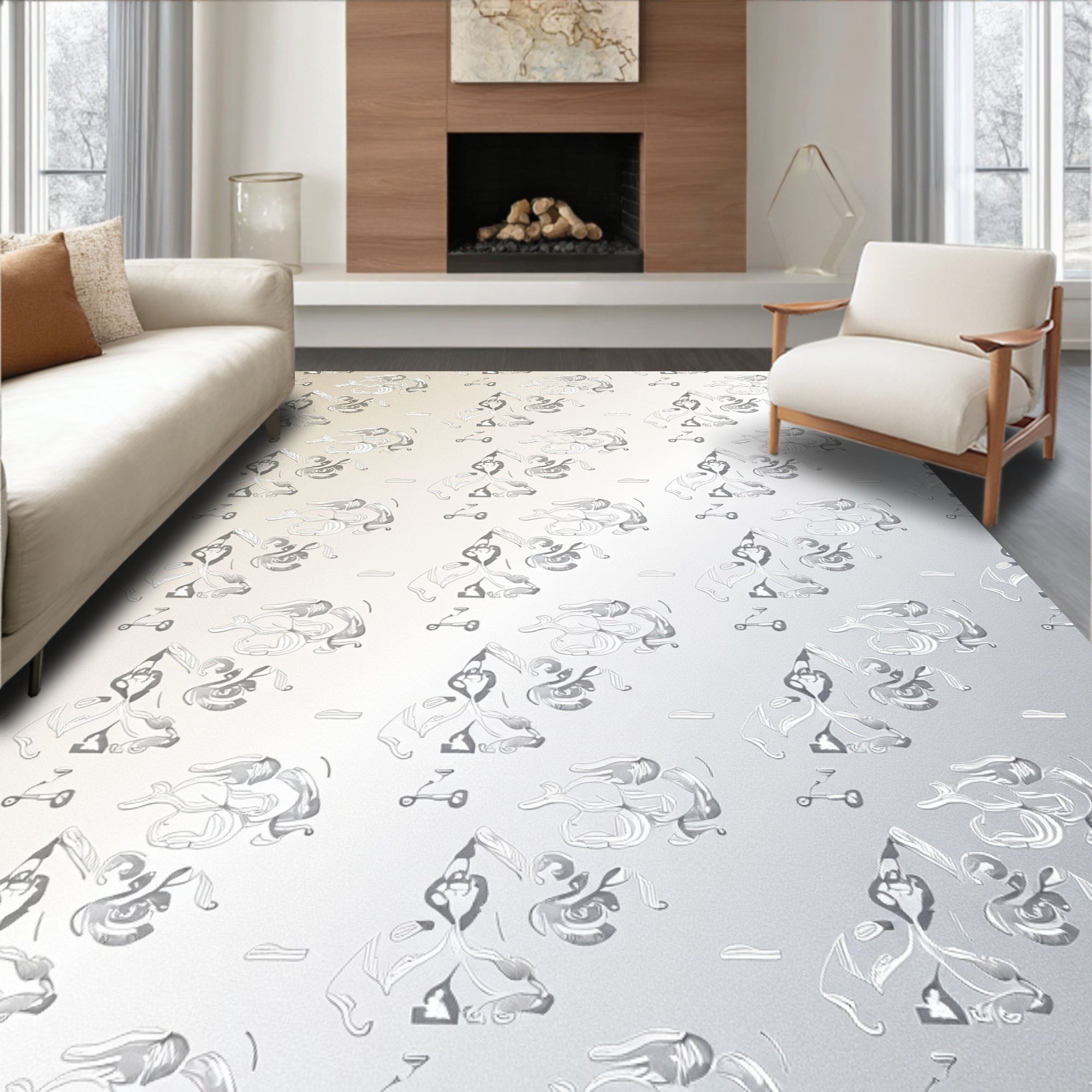 Silver Abstract Whimsical Figures Scooters Rug