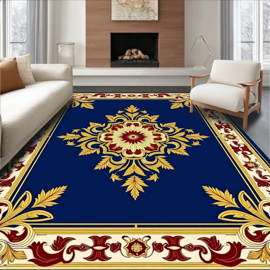 Rich Cobalt Red Gold Floral Medallion Rug