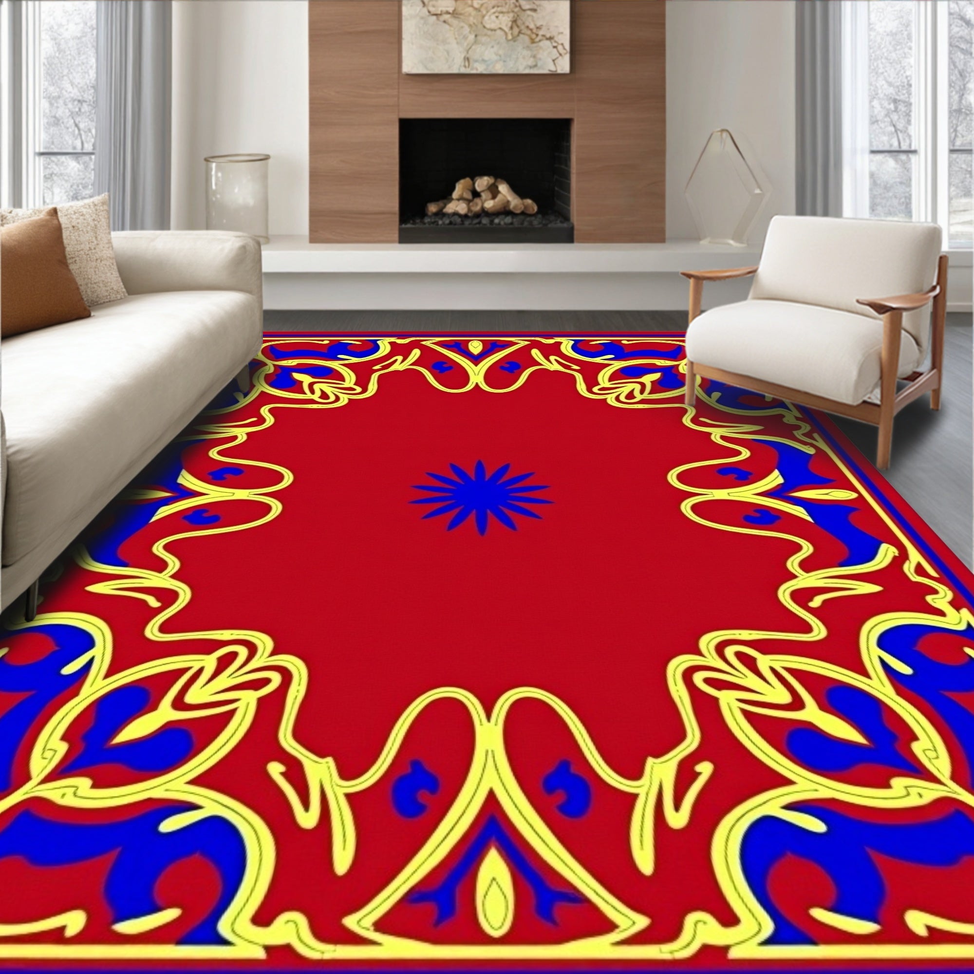 Vibrant Red Blue Yellow Floral Scroll Rug