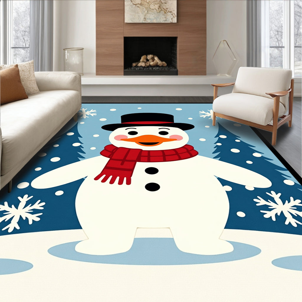 Charming Winter Snowman Red Scarf Trees Rug