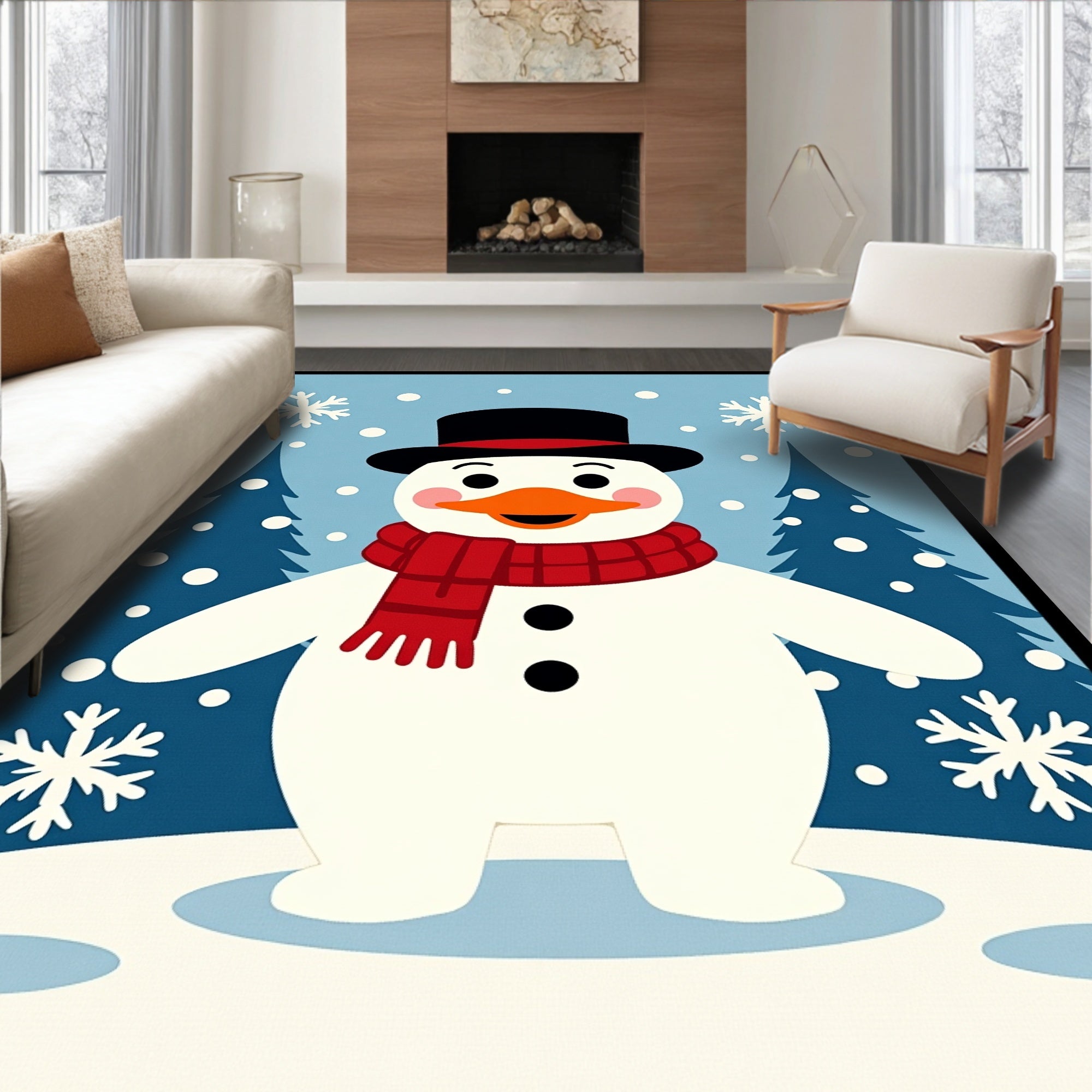 Charming Winter Snowman Red Scarf Trees Rug