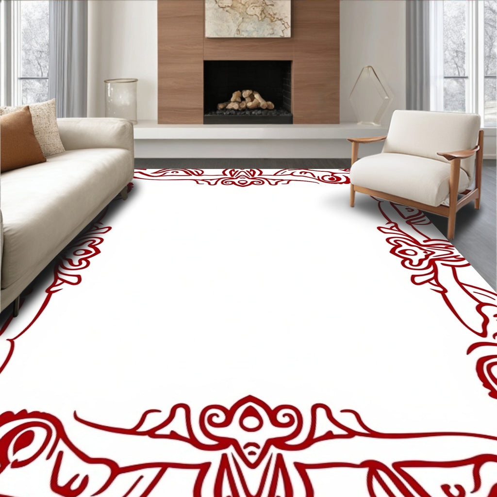 Red Ornate Scrollwork Border Rug