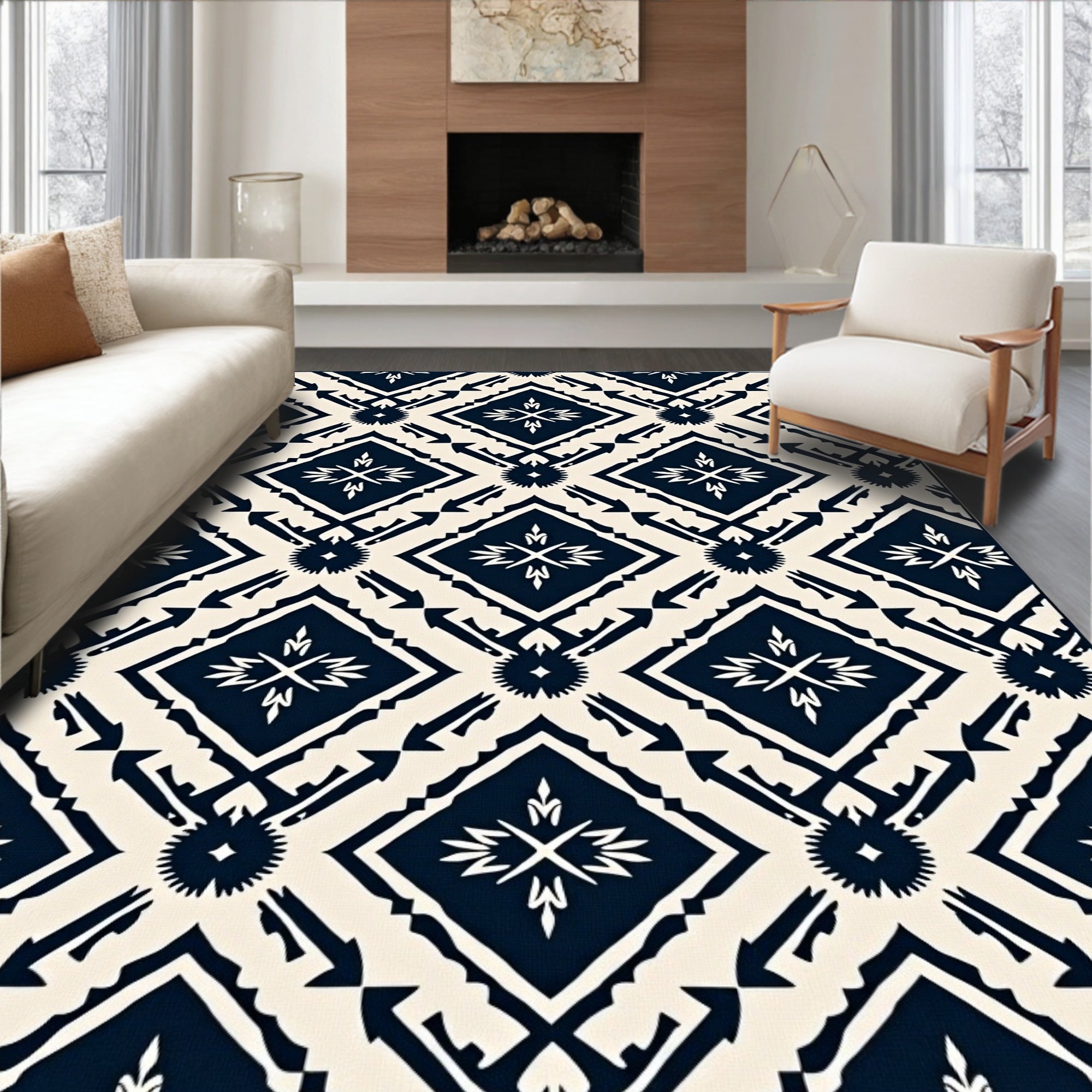 Navy Cream Diamond Tribal Medallion Rug
