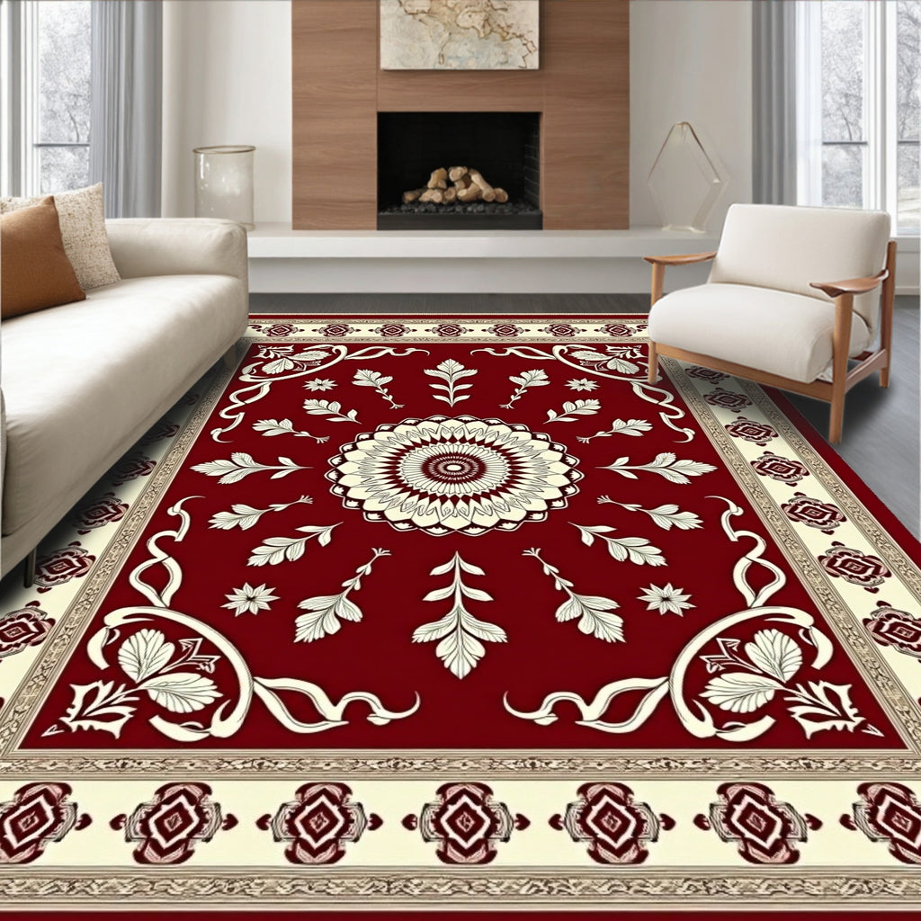 Rich Red Cream Floral Medallion Rug