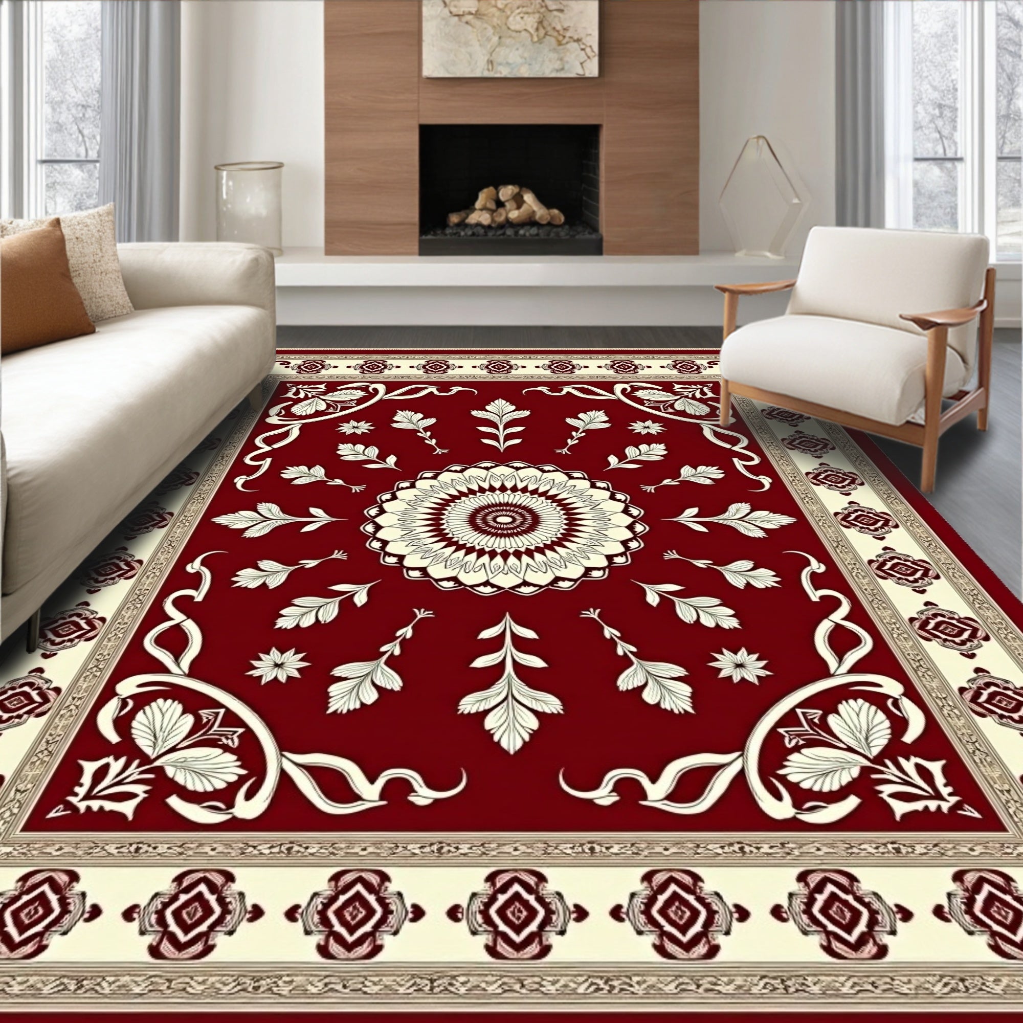 Rich Red Cream Floral Medallion Rug