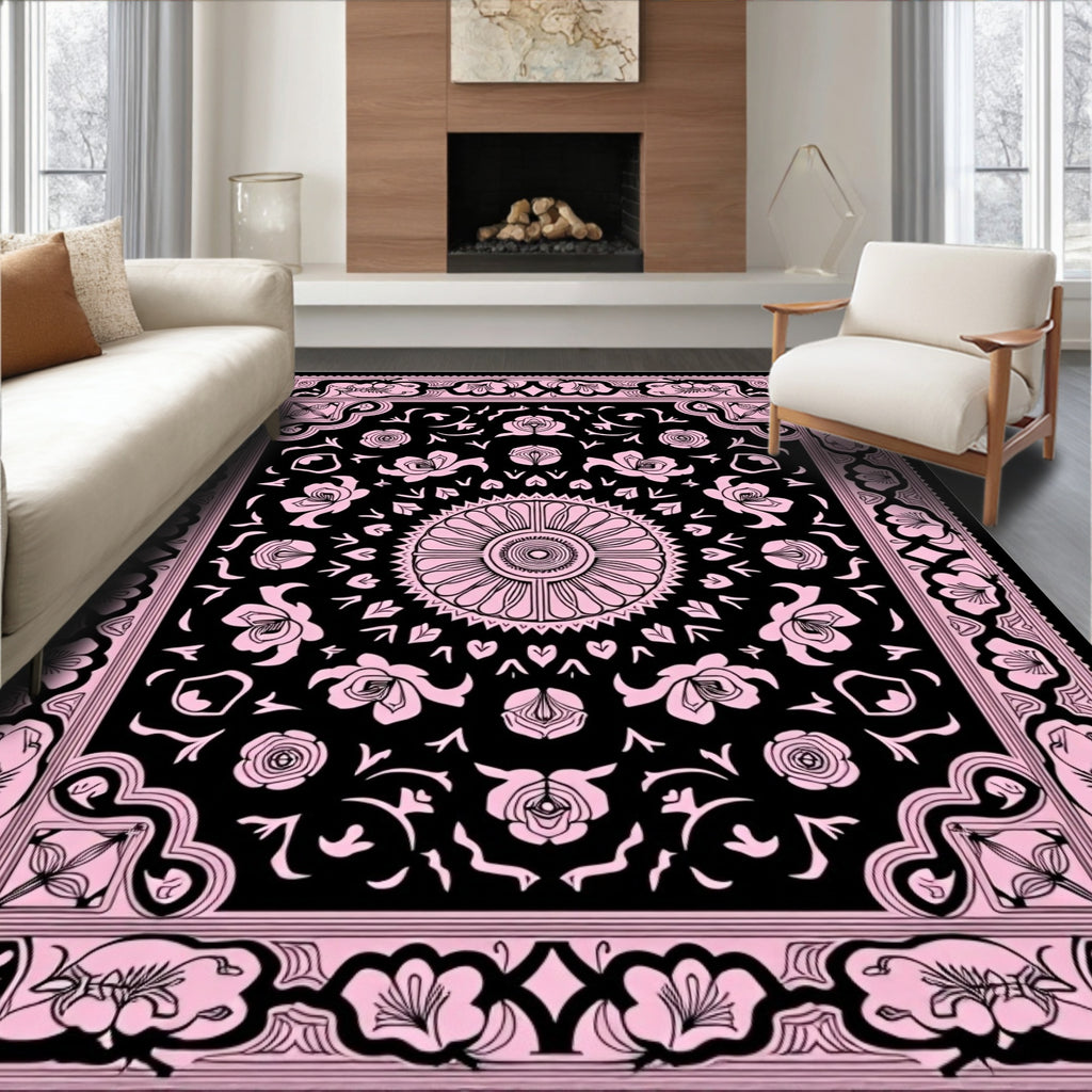 Black Pink Floral Mandala Brocade Rug