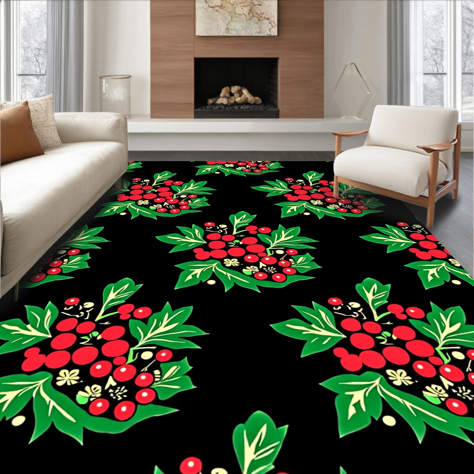 Folk Art Red Berry Green Leaf Rug