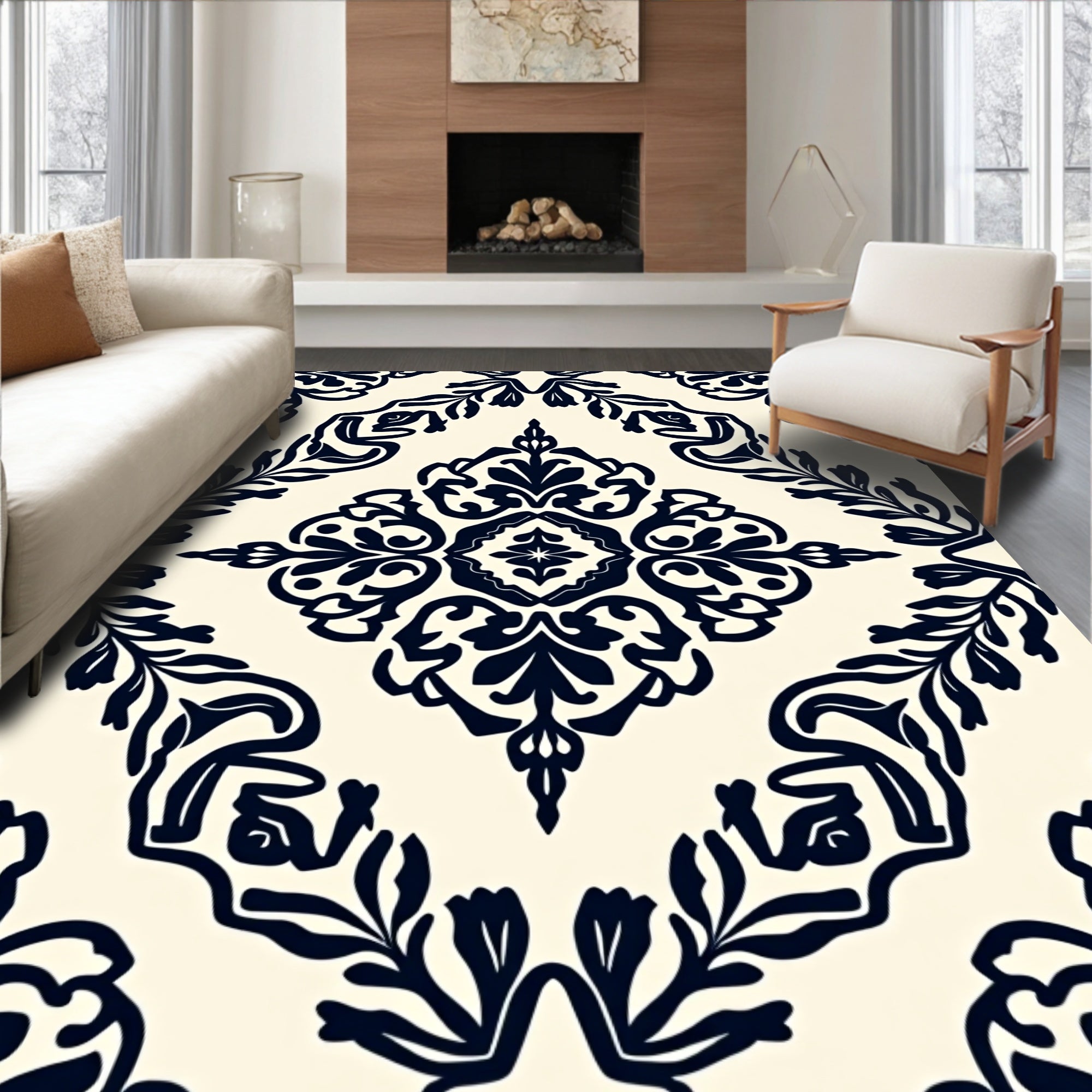 Dark Damask Floral Ivory Medallion Rug
