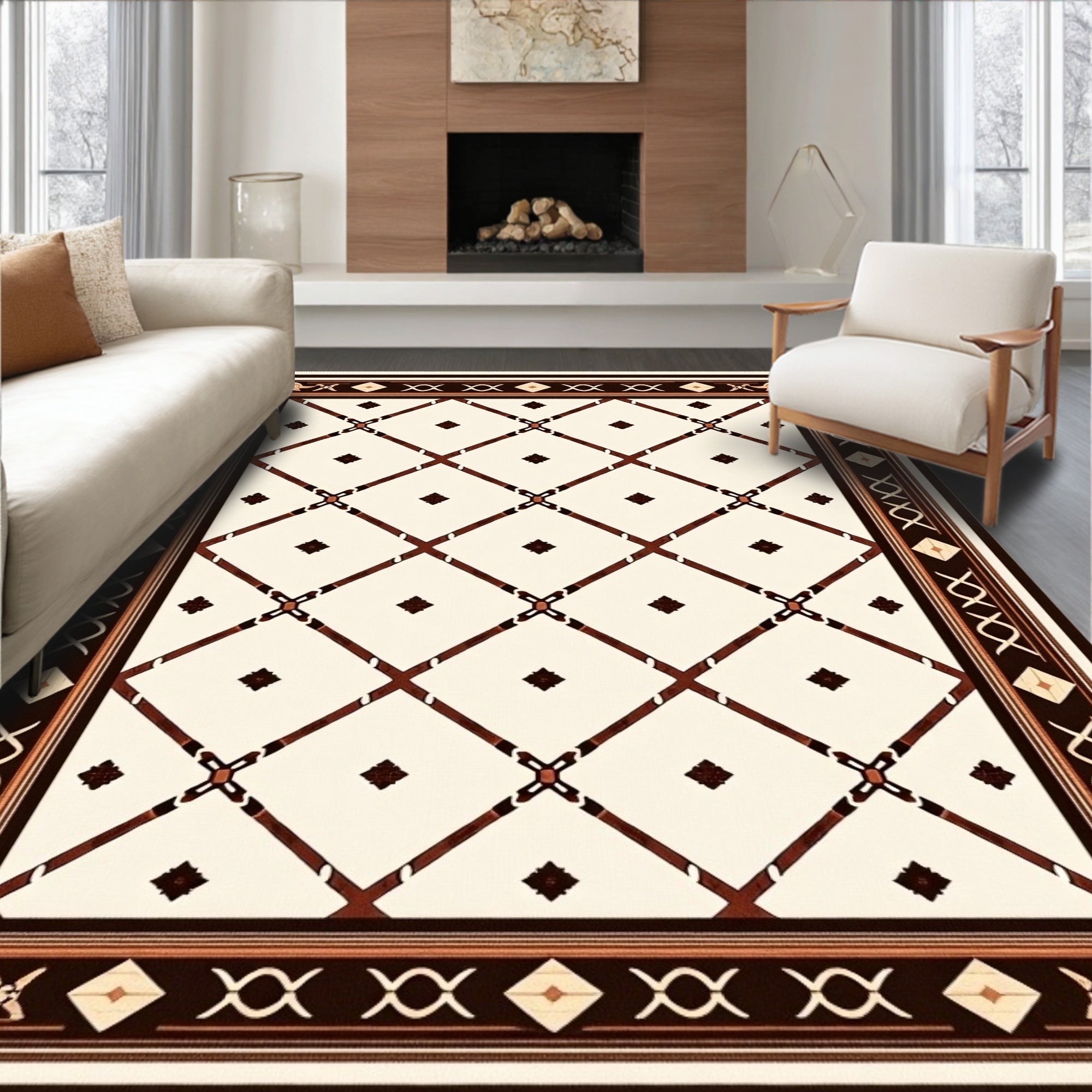 Ornate Cream Lattice Diamond Rug