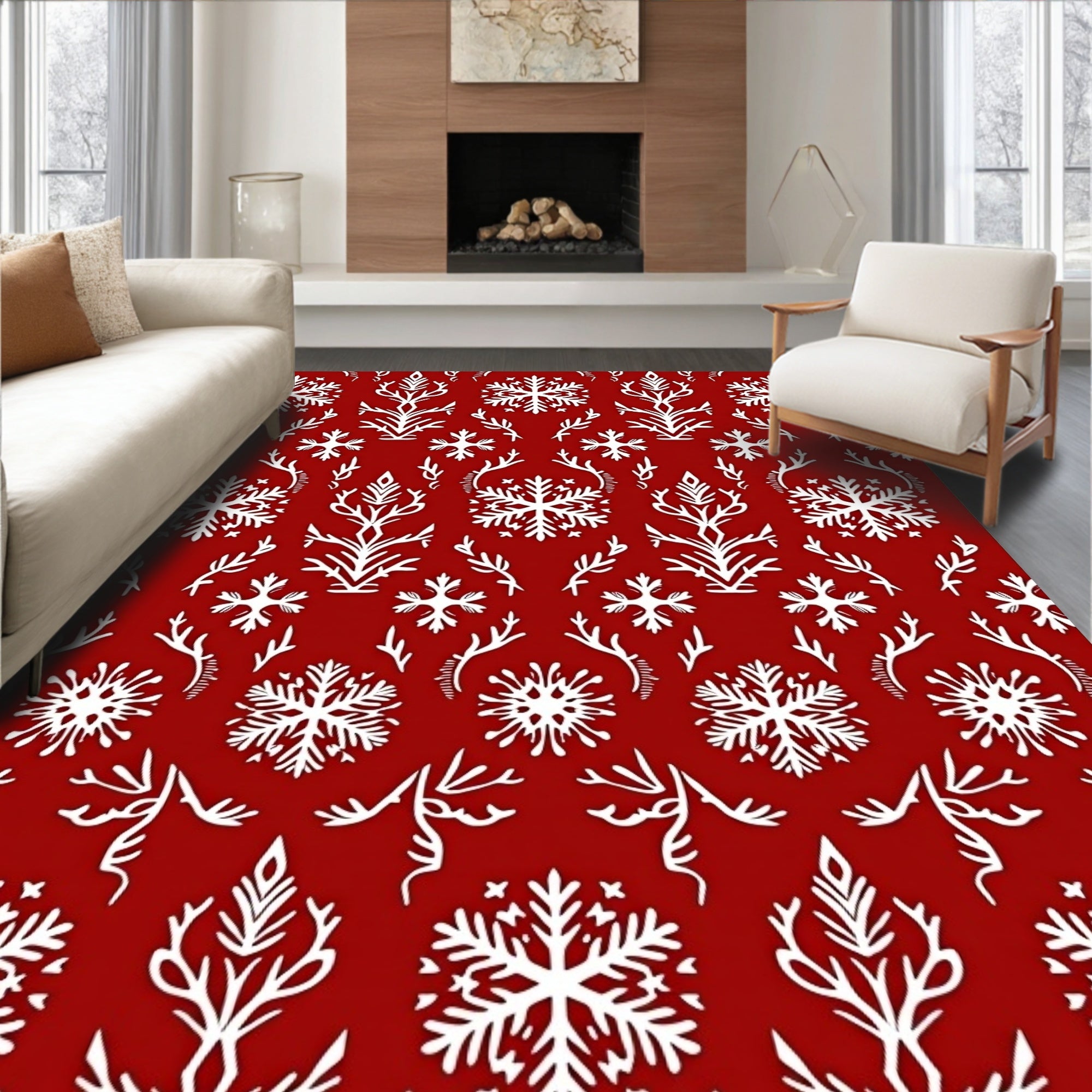 Crimson White Snowflake Branch Arrangement Rug