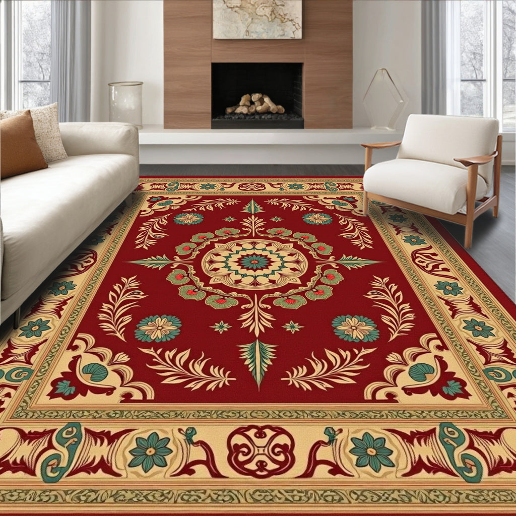 Crimson Golden Floral Medallion Border Rug