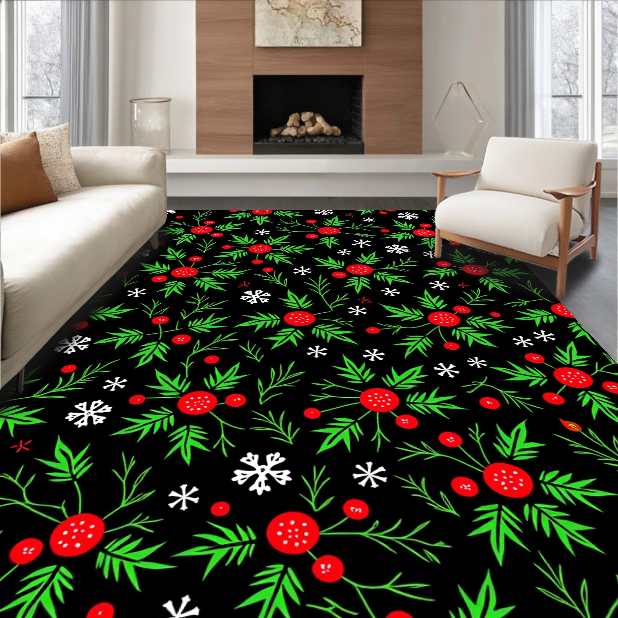 Festive Red Berry Holly Snowflake Rug