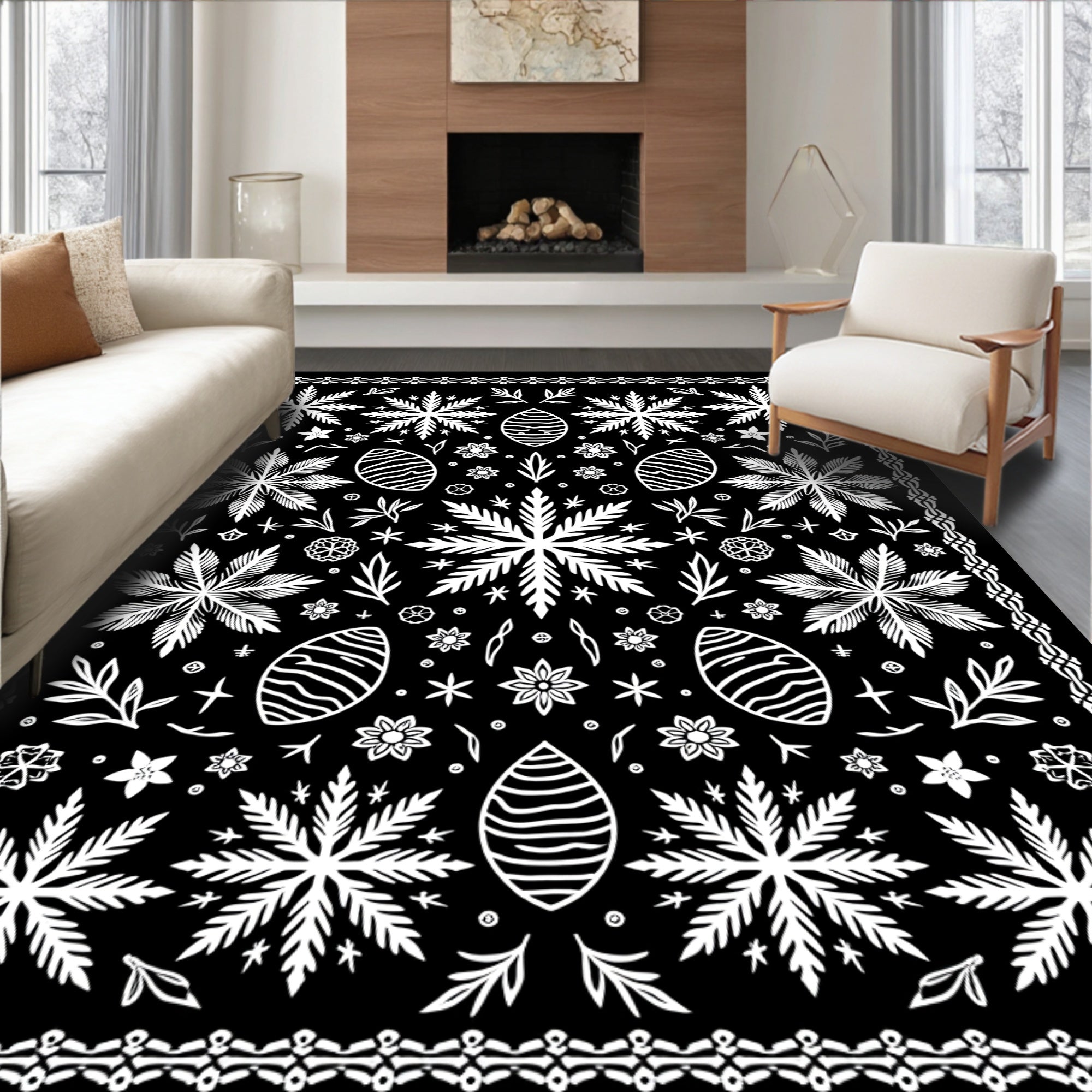 Black White Folk Floral Egg Medallion Rug