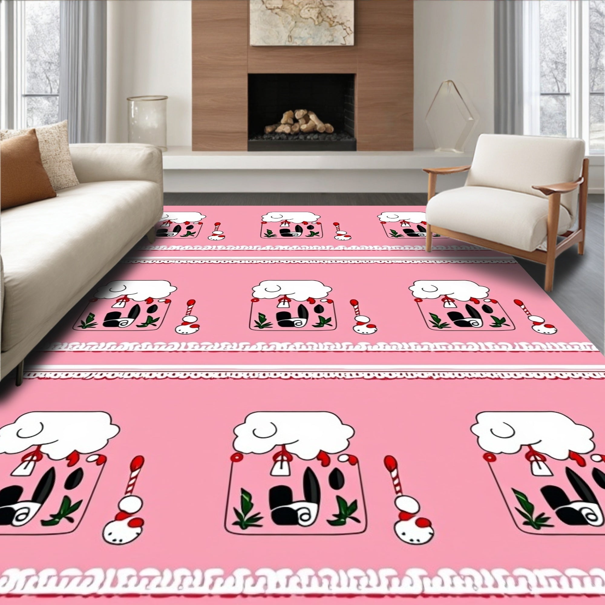 Pink Whimsical Cloud House Candy Cane Rug