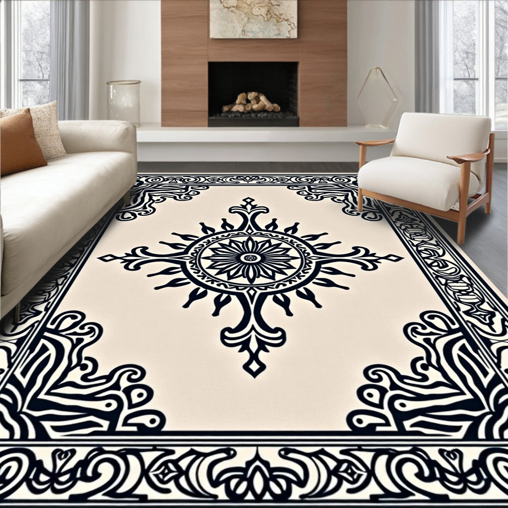 Black Ivory Medallion Sun Border Rug