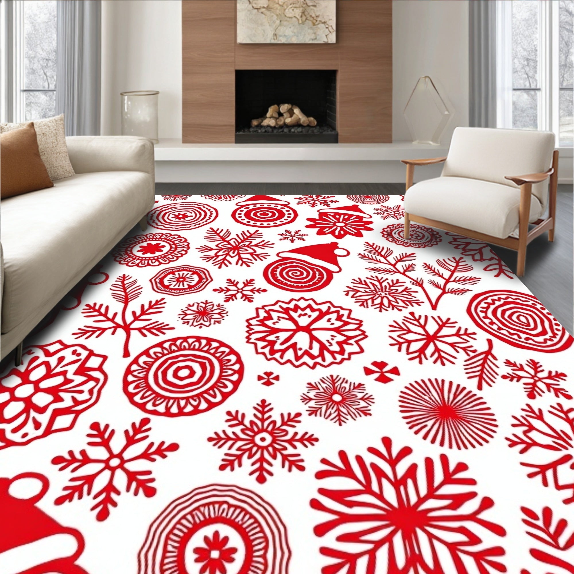Crimson Snowflakes Holiday Whimsical Medallions Rug
