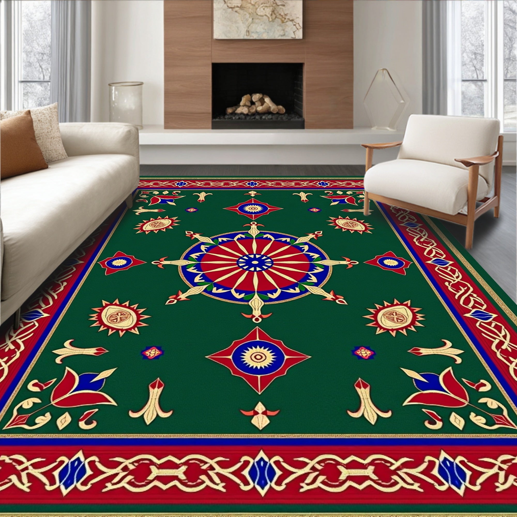 Ornate Green Red Blue Medallion Rug
