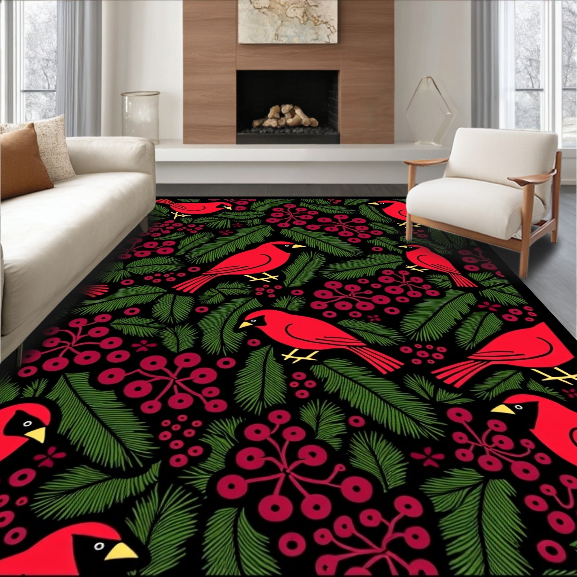 Cardinal Birds Red Berries Evergreen Rug