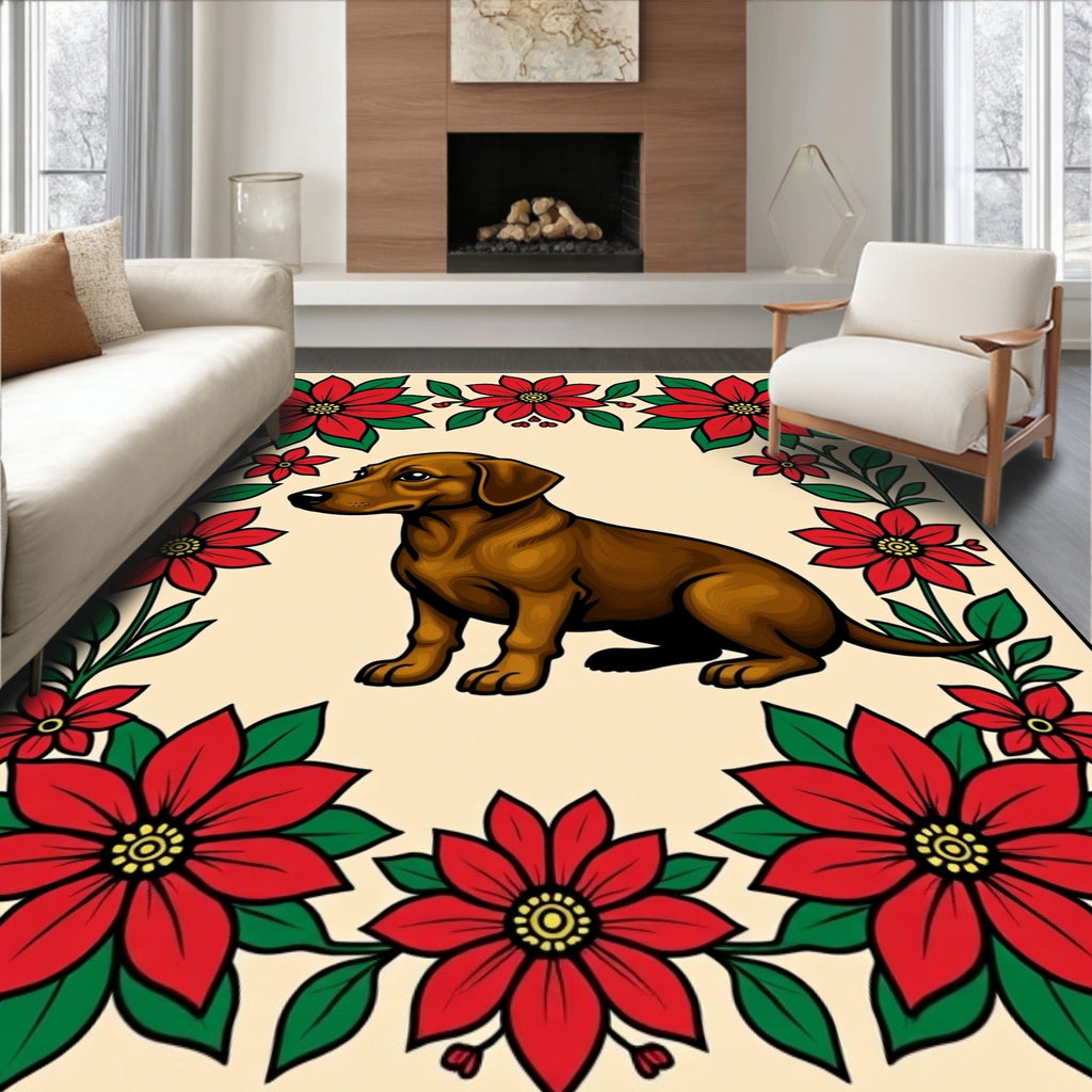 Brown Dog Red Poinsettia Border Rug