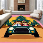 Festive Couple Car Christmas Tree Scene Rug