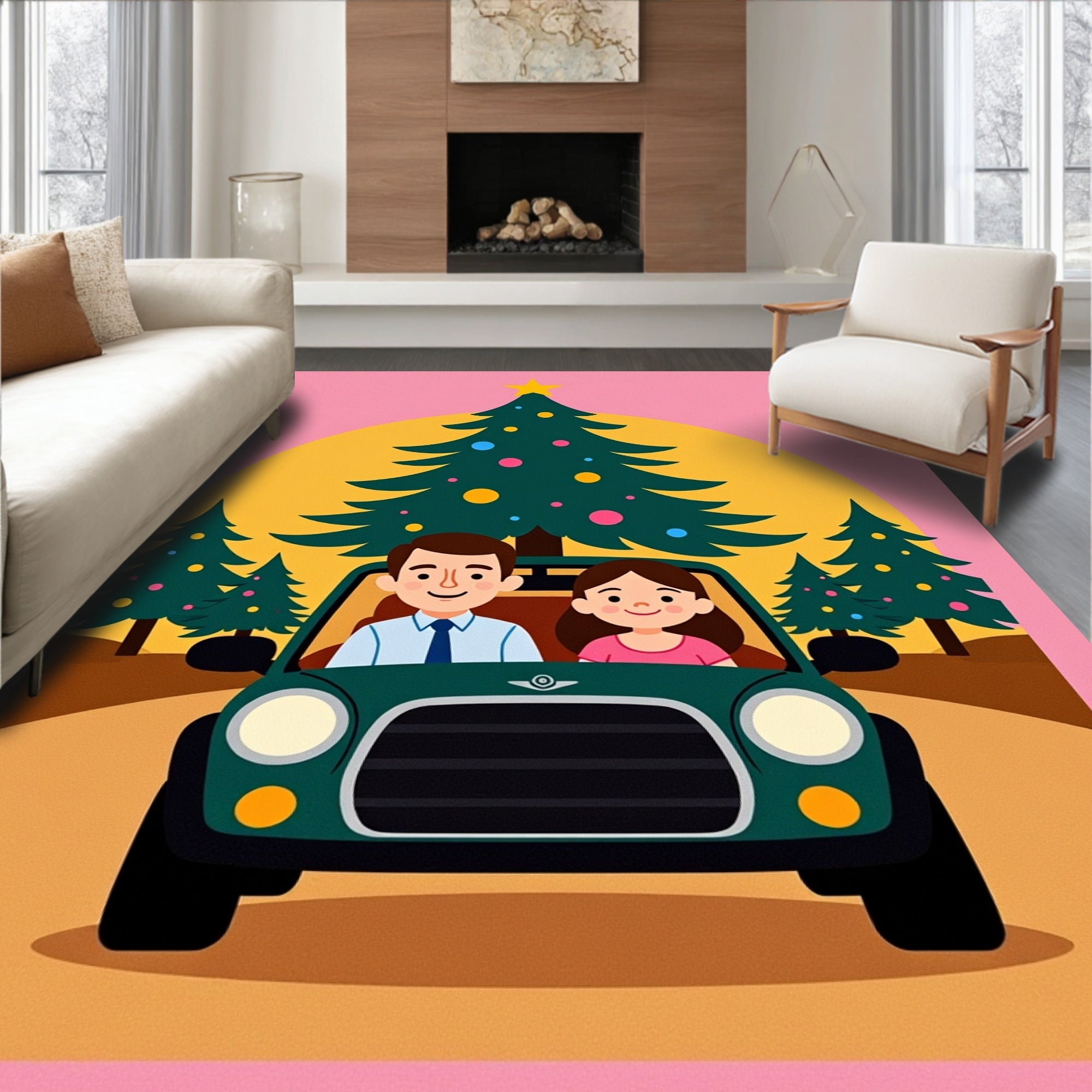 Festive Couple Car Christmas Tree Scene Rug