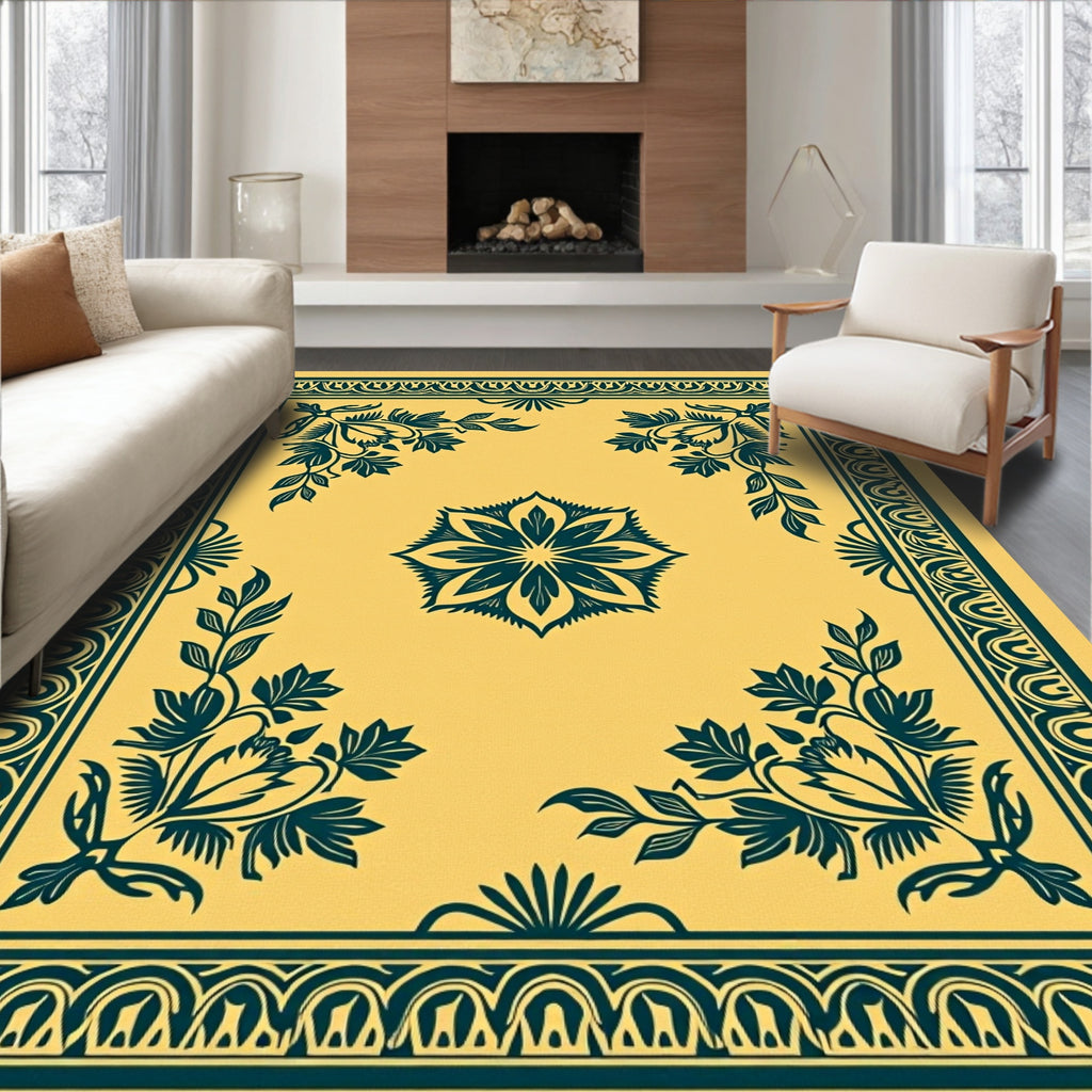 Golden Teal Floral Corner Arrangement Rug