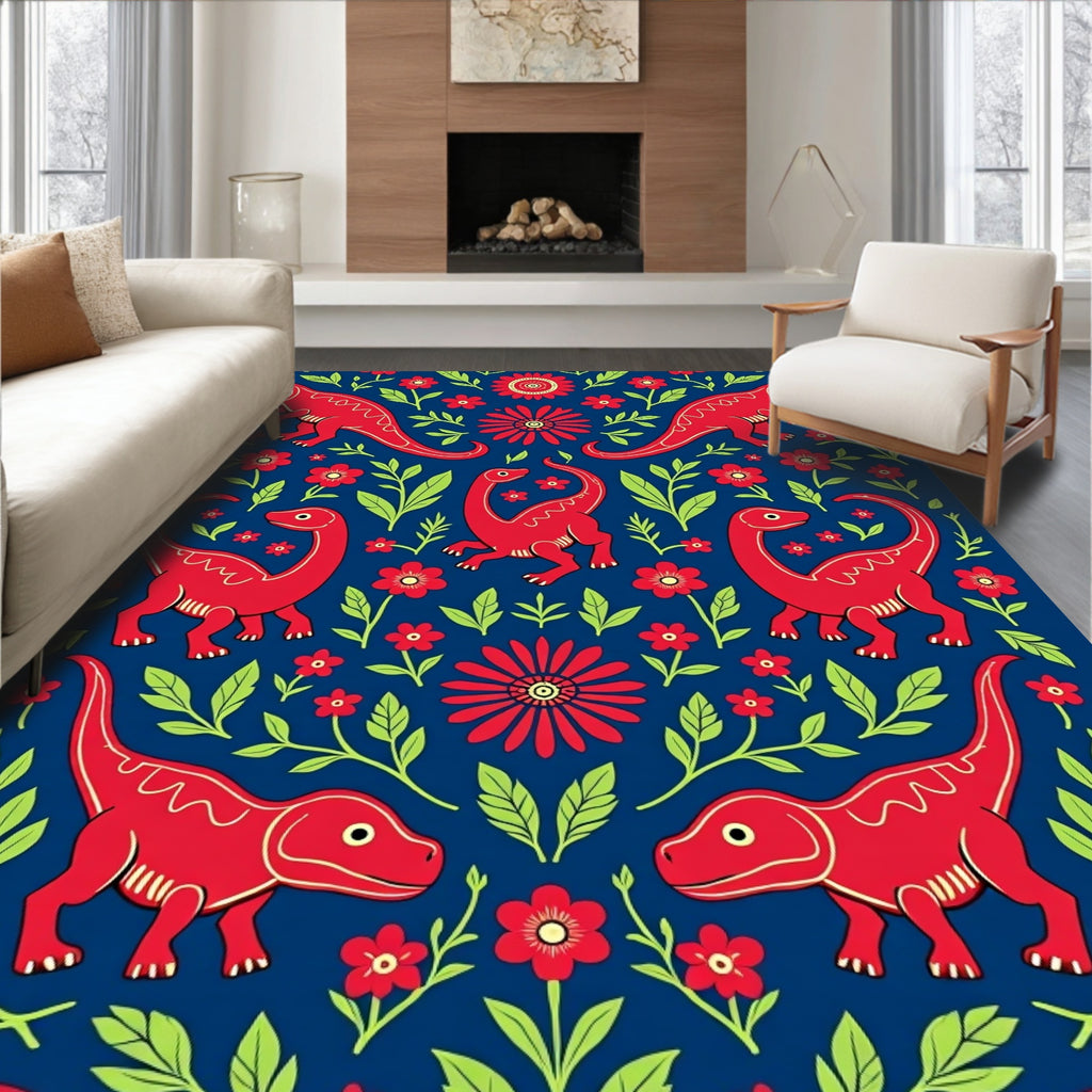Red Dinosaur Floral Navy Scene Rug