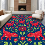 Red Dinosaur Floral Navy Scene Rug