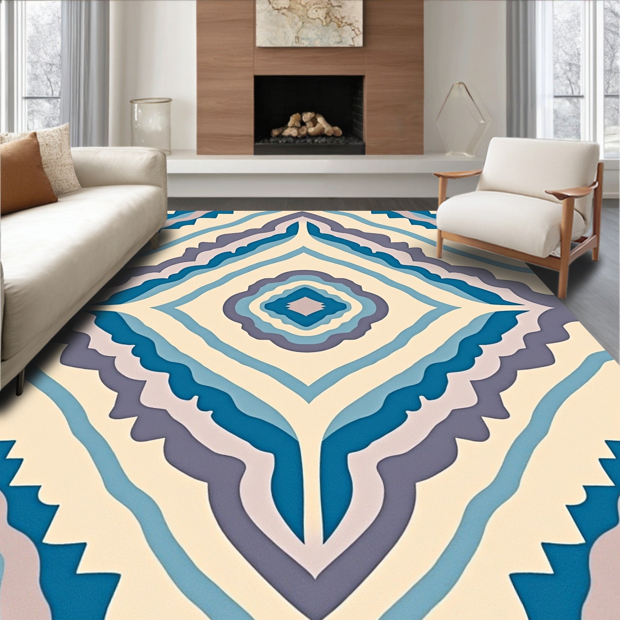 Vibrant Blue Diamond Layered Rug