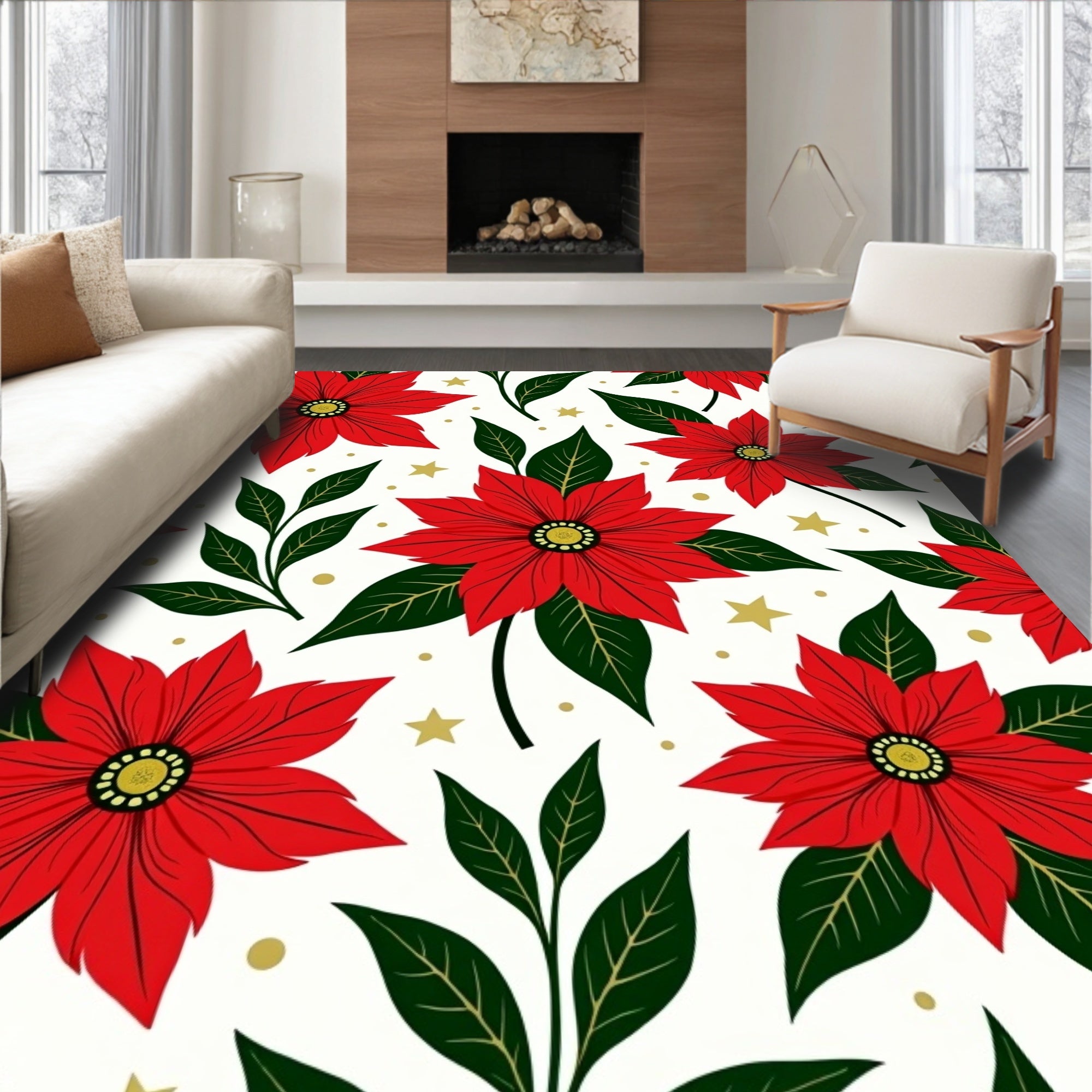 Festive Red Poinsettia Star Foliage Rug