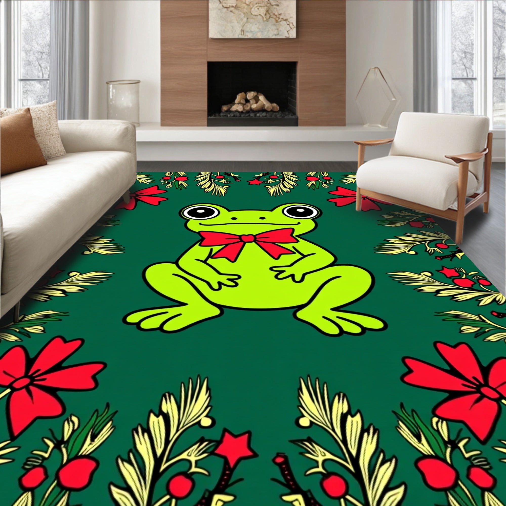 Festive Green Frog Red Bow Collage Rug